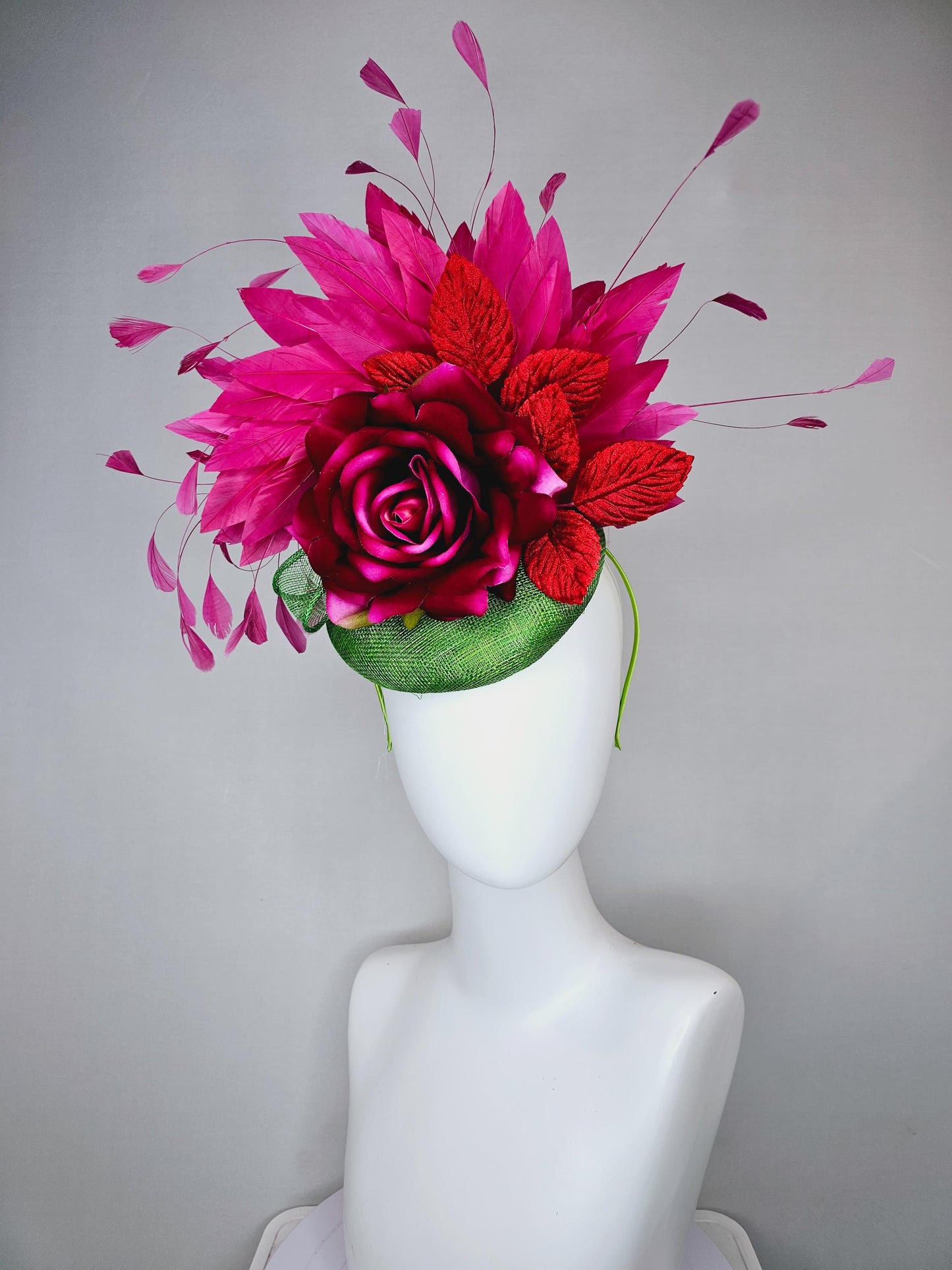 kentucky derby hat fascinator green sinamay with pink fuchsia satin silk rose flower and red leaves, pink branching feathers