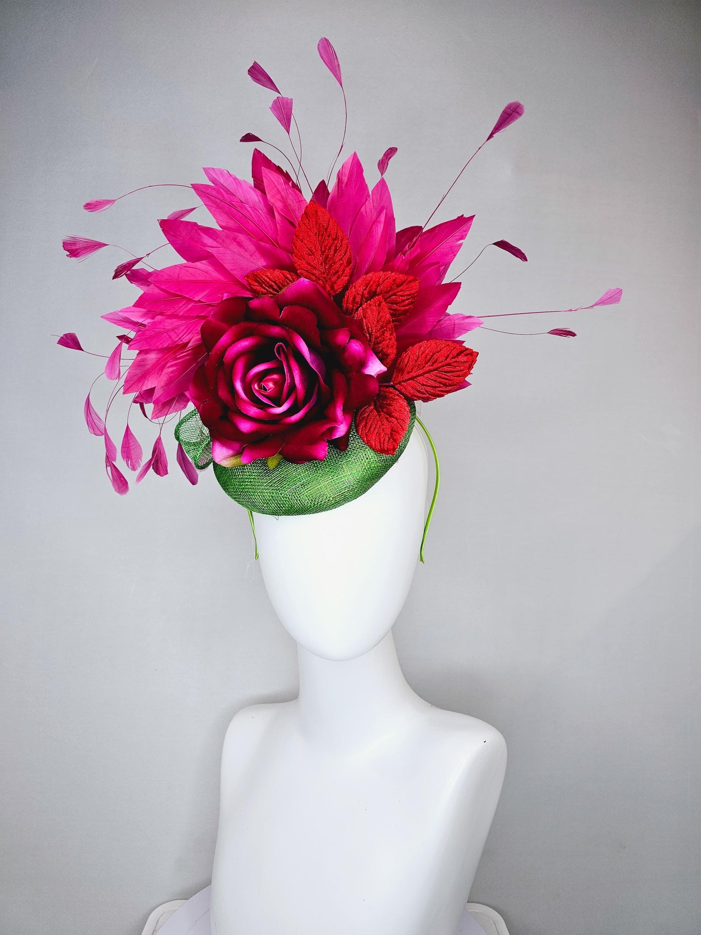 kentucky derby hat fascinator green sinamay with pink fuchsia satin silk rose flower and red leaves, pink branching feathers