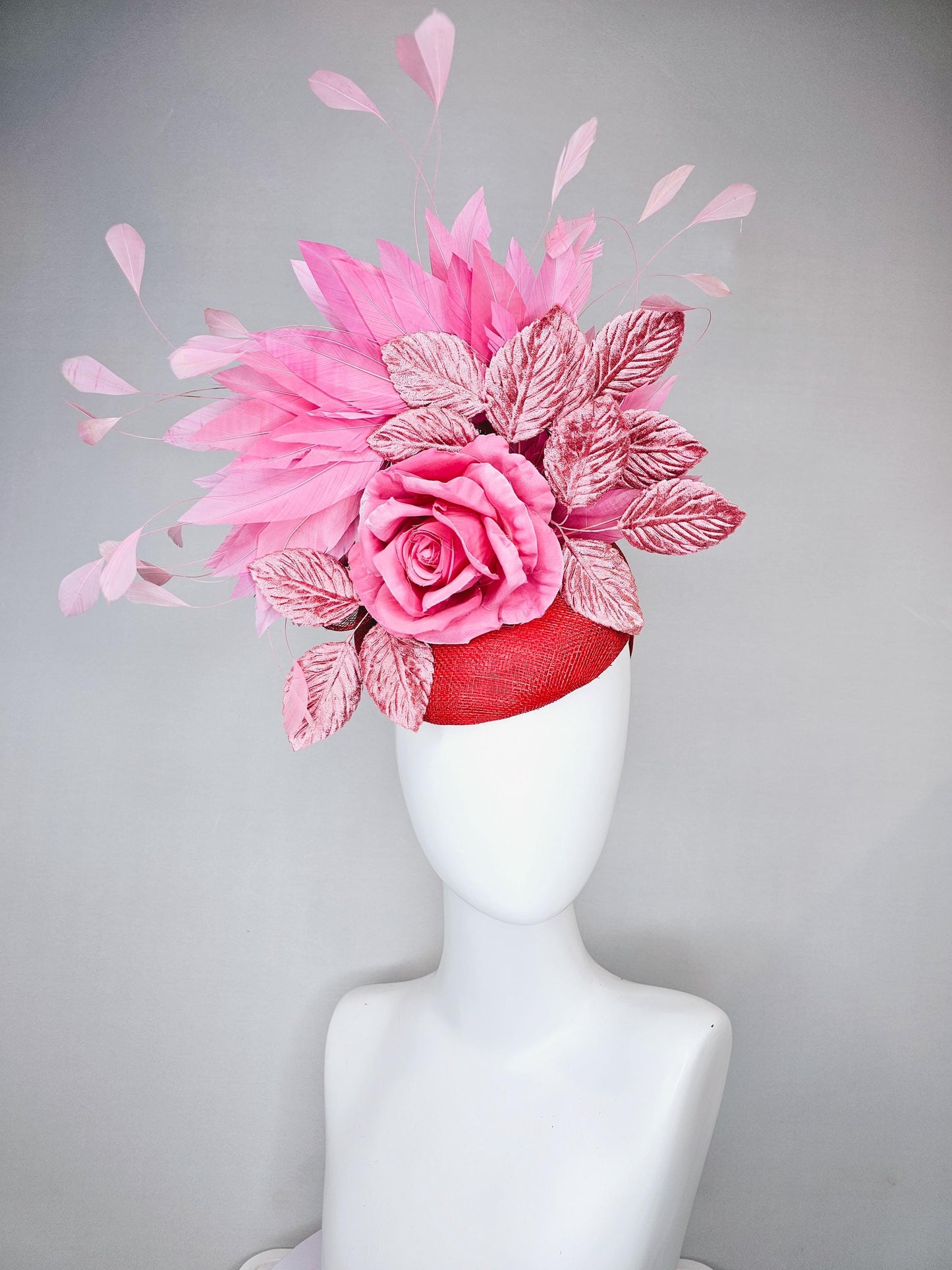 kentucky derby hat fascinator red sinamay with baby pink satin silk rose flower and light pink leaves, baby pink branching feathers