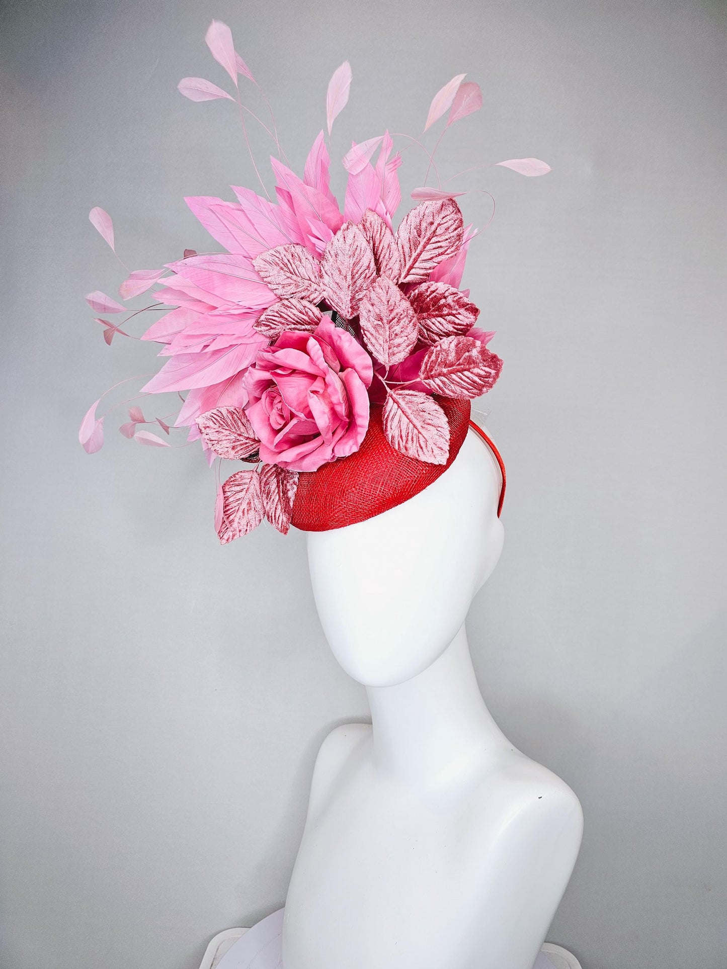 kentucky derby hat fascinator red sinamay with baby pink satin silk rose flower and light pink leaves, baby pink branching feathers