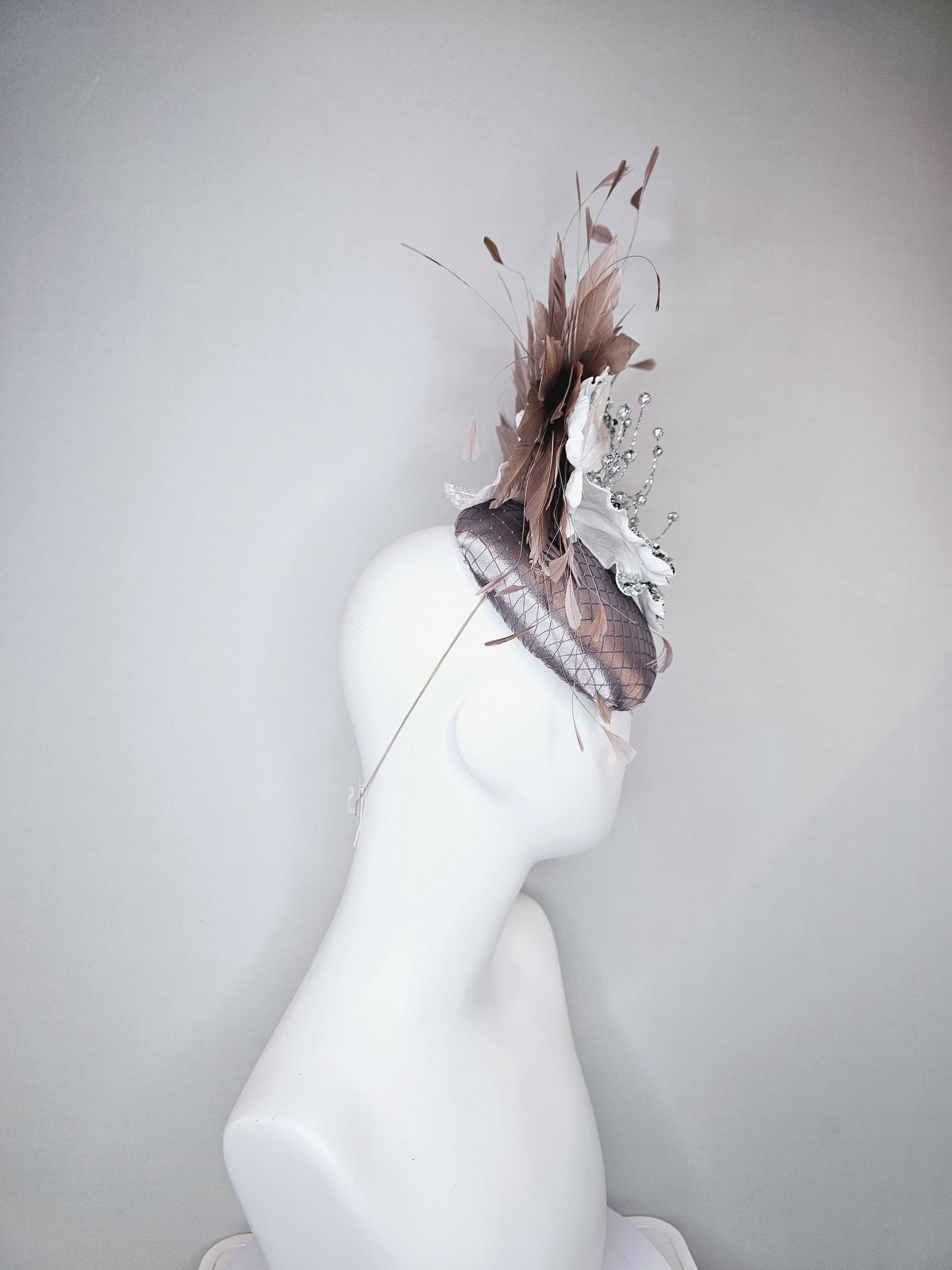 kentucky derby hat fascinator gray silver satin with netting, white sequin silver satin flower and taupe neutral branching feathers
