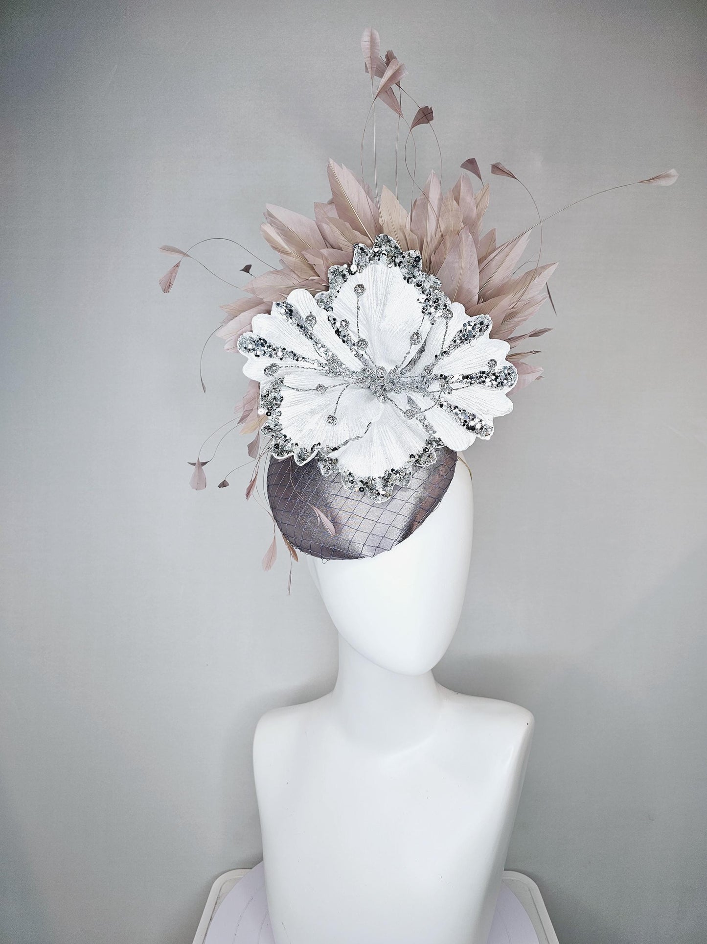kentucky derby hat fascinator gray silver satin with netting, white sequin silver satin flower and taupe neutral branching feathers