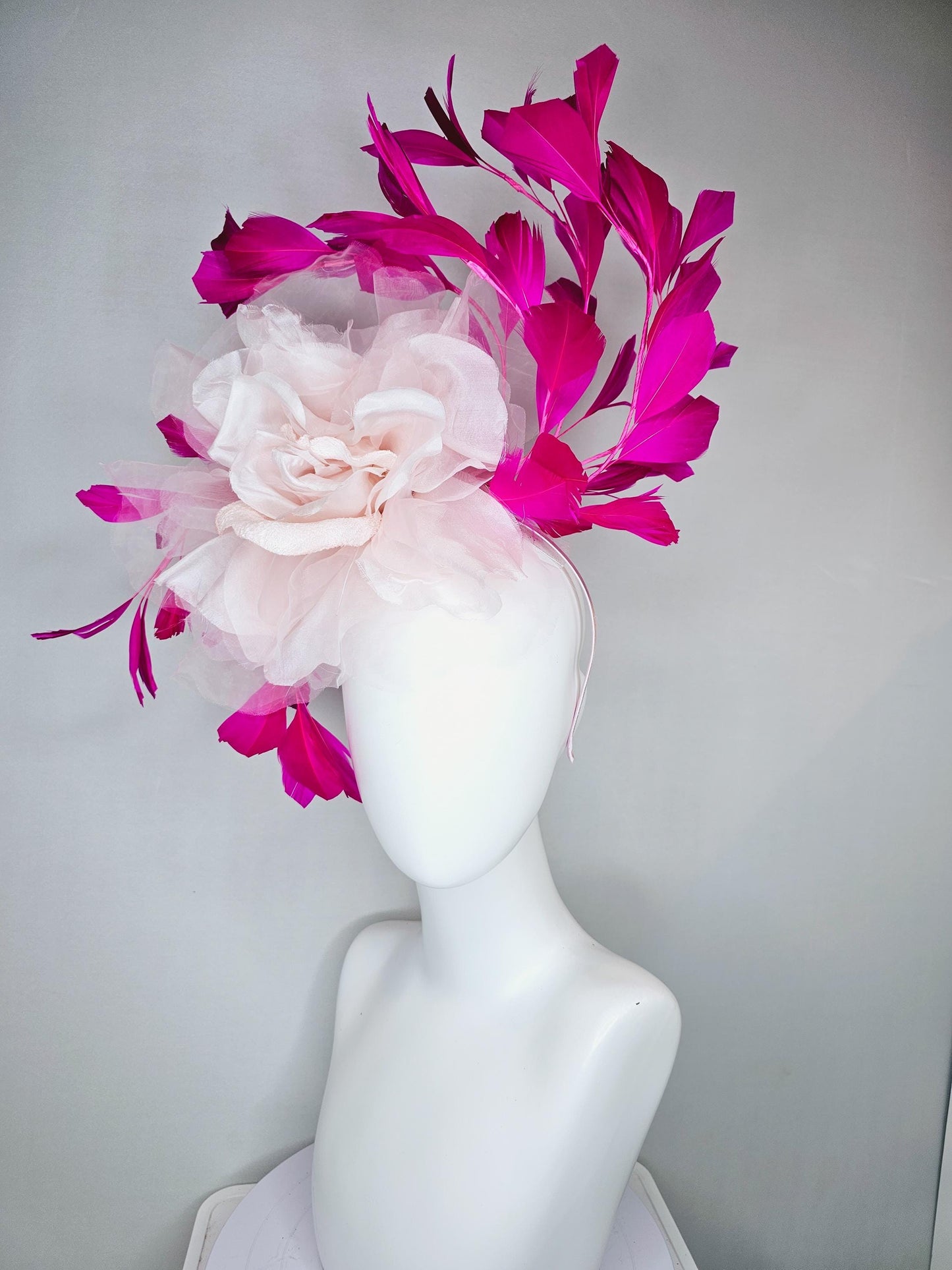 kentucky derby hat fascinator with light blush pink organza flower and pink fuchsia feathers, thin headband
