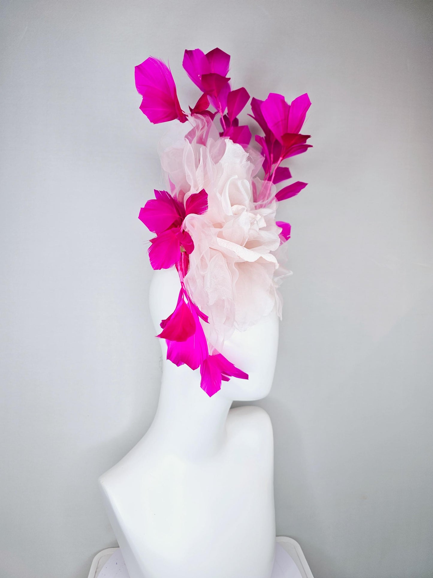 kentucky derby hat fascinator with light blush pink organza flower and pink fuchsia feathers, thin headband
