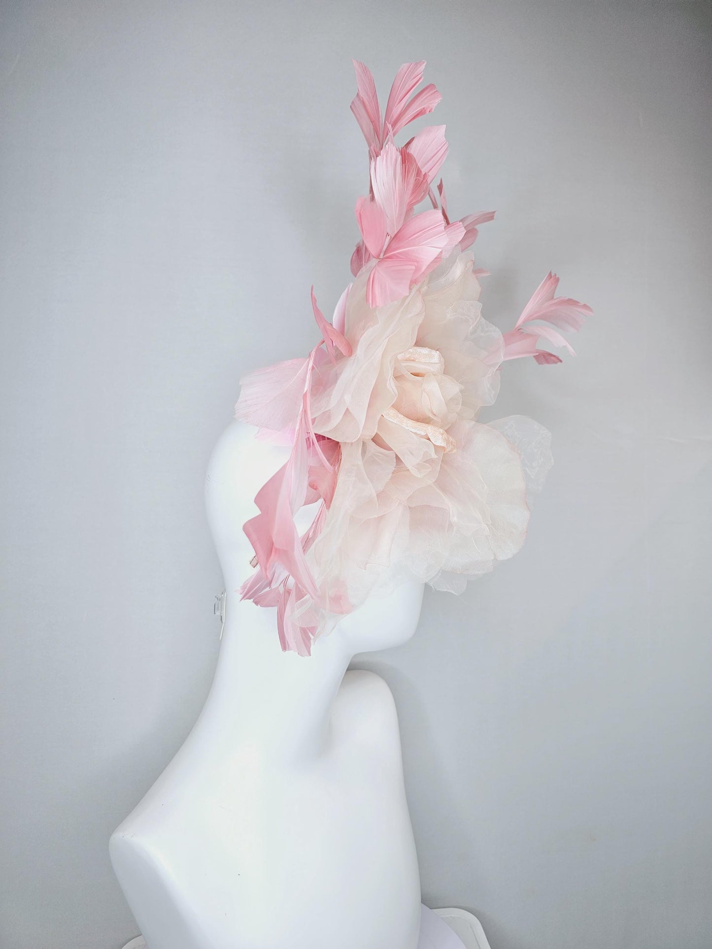 kentucky derby hat fascinator with light baby pink satin and organza rose flower and blush pink feathers, thin headband