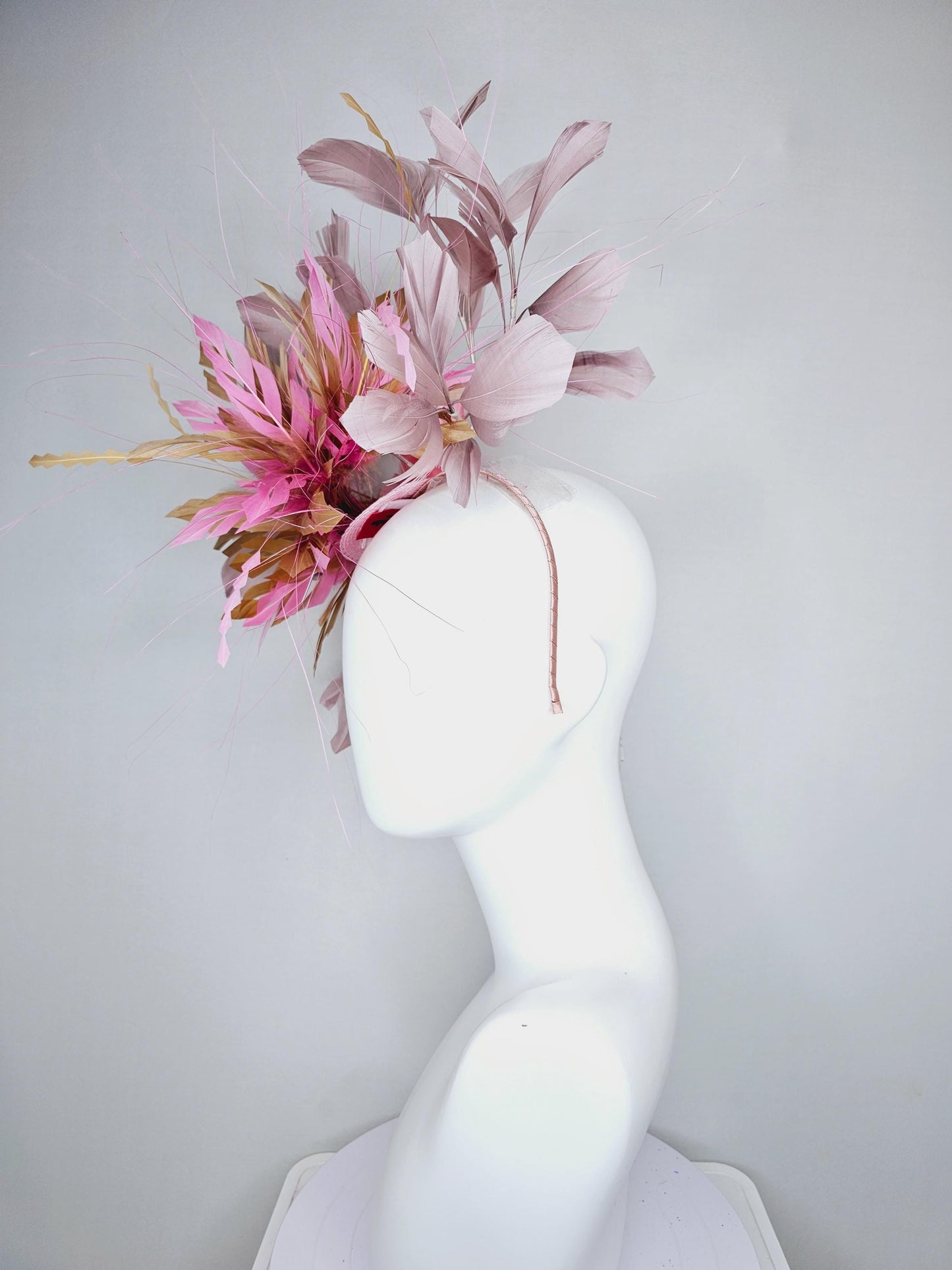 kentucky derby hat fascinator pink gold brown fluffy feather flowers and taupe feathers, thin headband