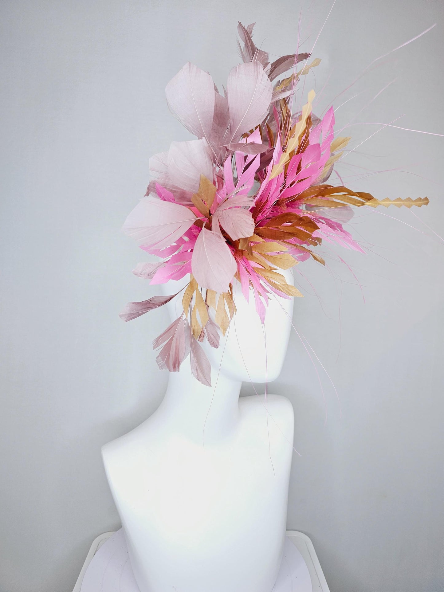 kentucky derby hat fascinator pink gold brown fluffy feather flowers and taupe feathers, thin headband