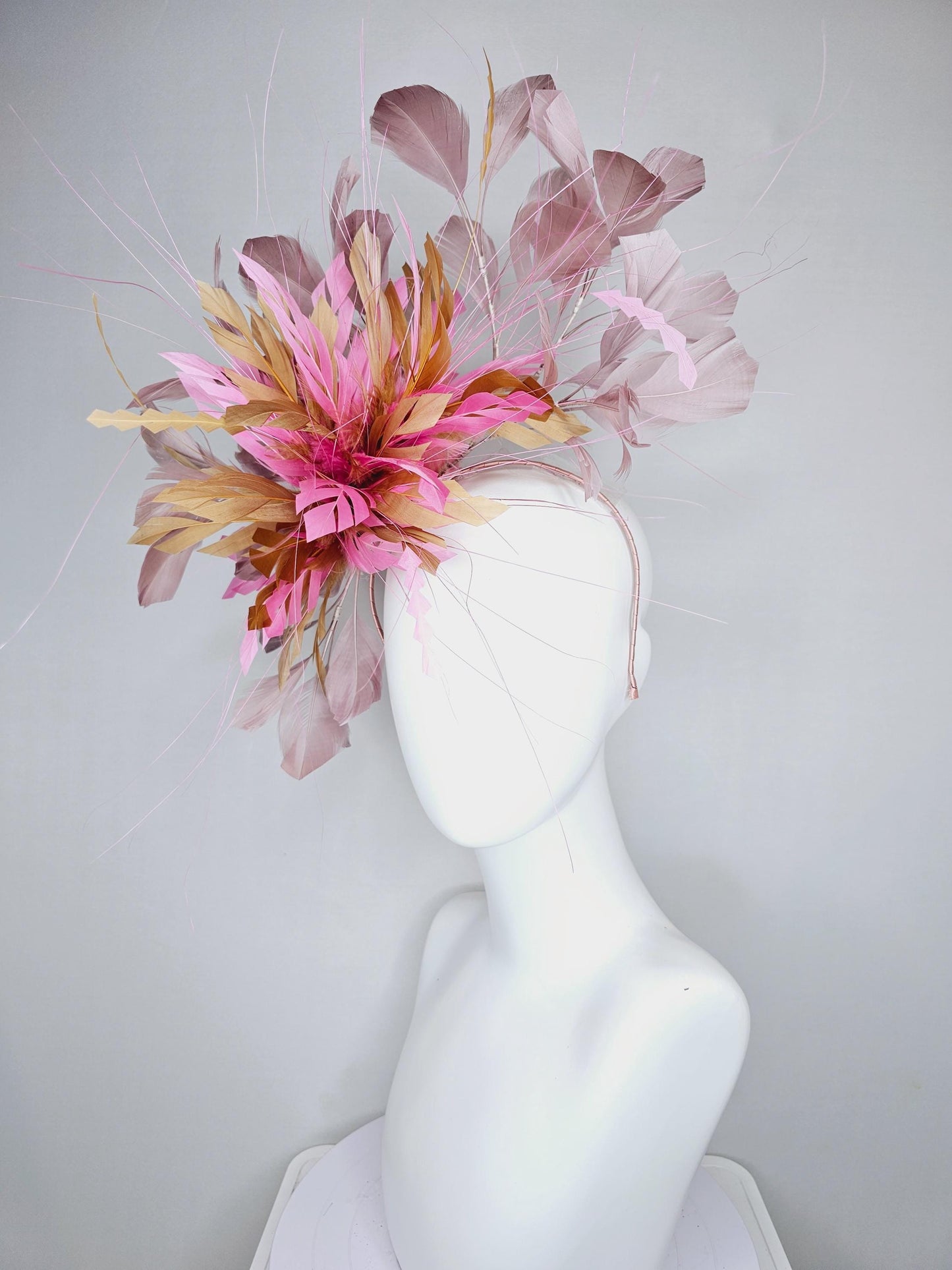 kentucky derby hat fascinator pink gold brown fluffy feather flowers and taupe feathers, thin headband