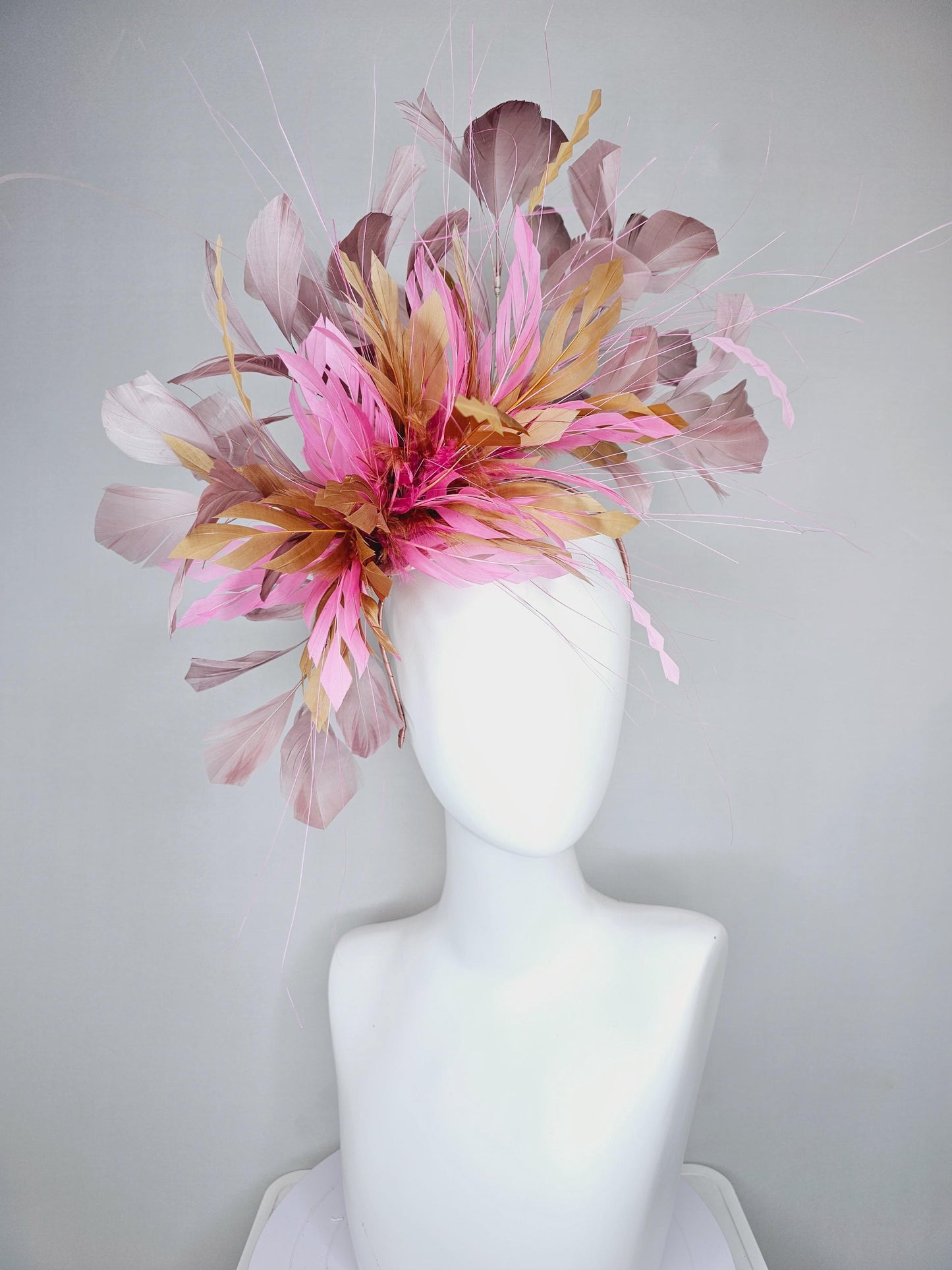 kentucky derby hat fascinator pink gold brown fluffy feather flowers and taupe feathers, thin headband