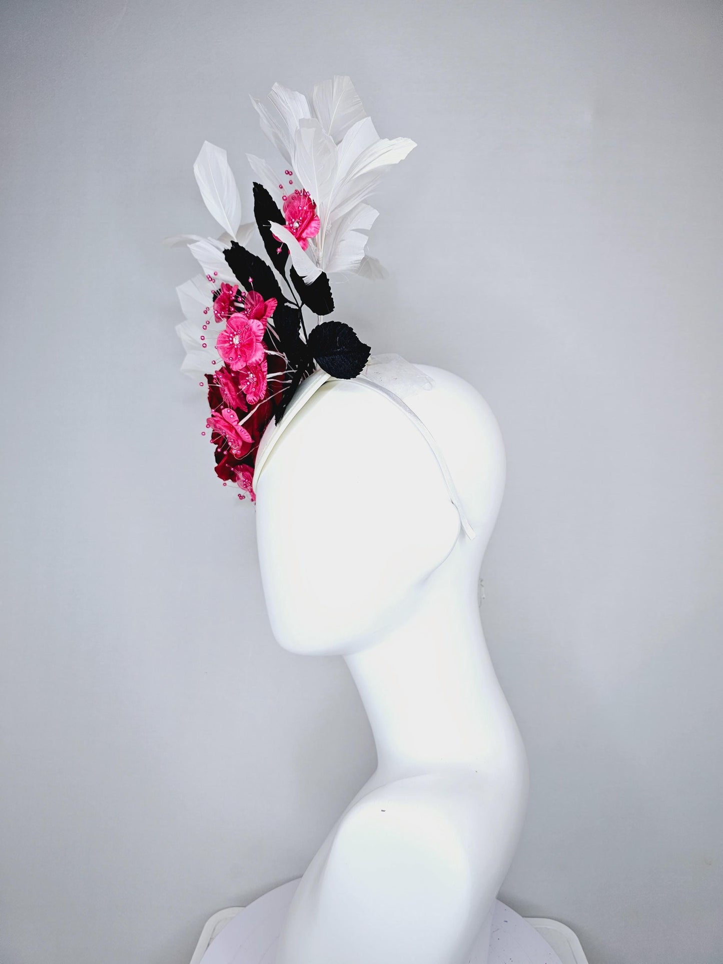 kentucky derby hat fascinator red satin silk rose flower,small pink satin flowers with black leaves and white feathers, thin headband