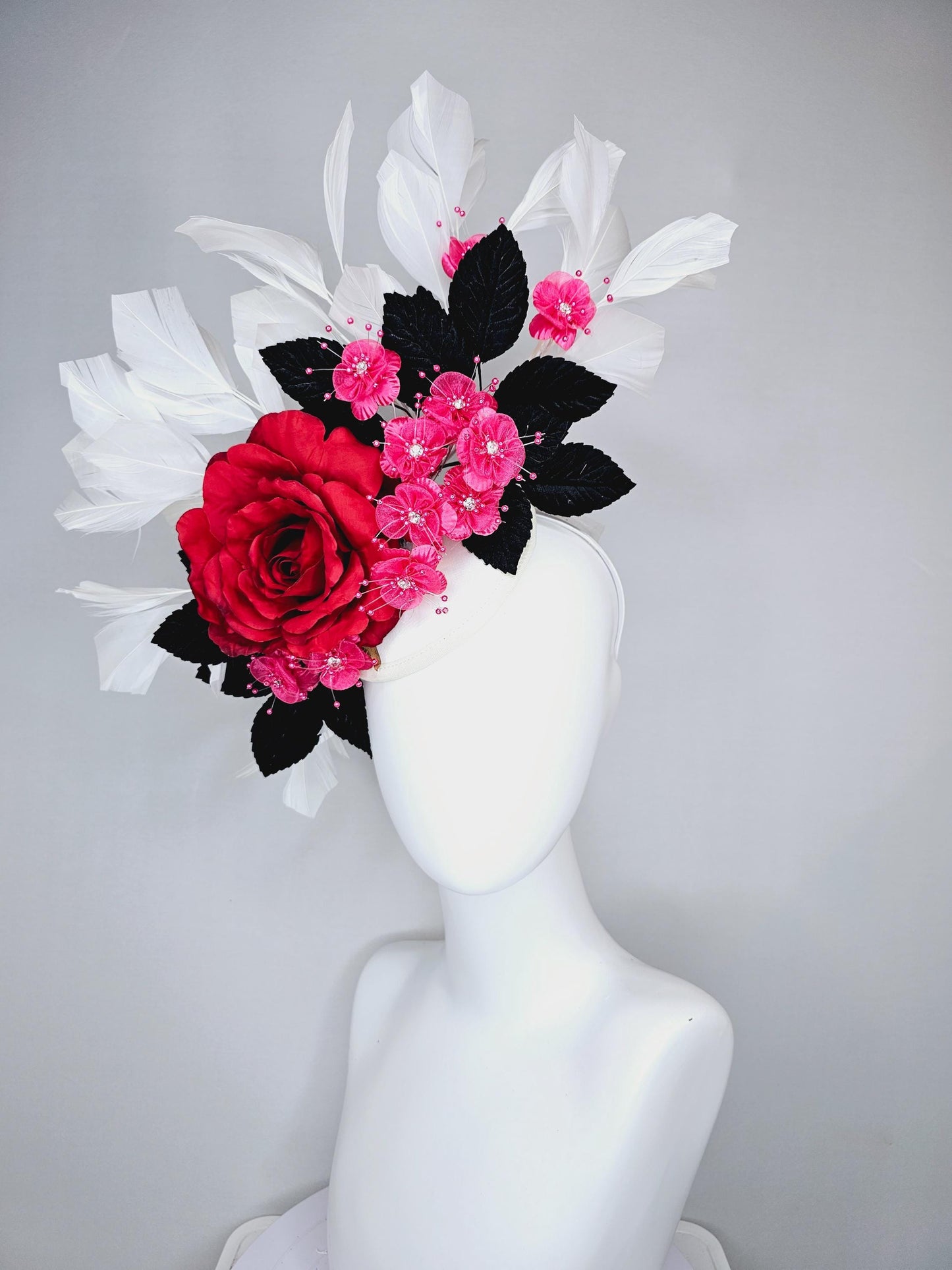 kentucky derby hat fascinator red satin silk rose flower,small pink satin flowers with black leaves and white feathers, thin headband