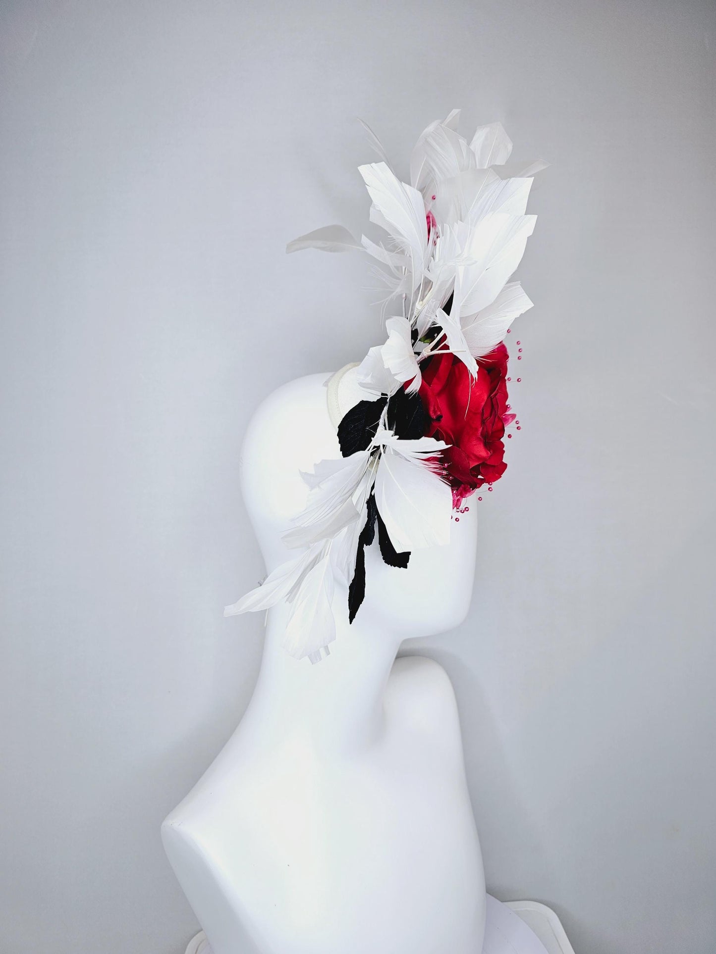 kentucky derby hat fascinator red satin silk rose flower,small pink satin flowers with black leaves and white feathers, thin headband