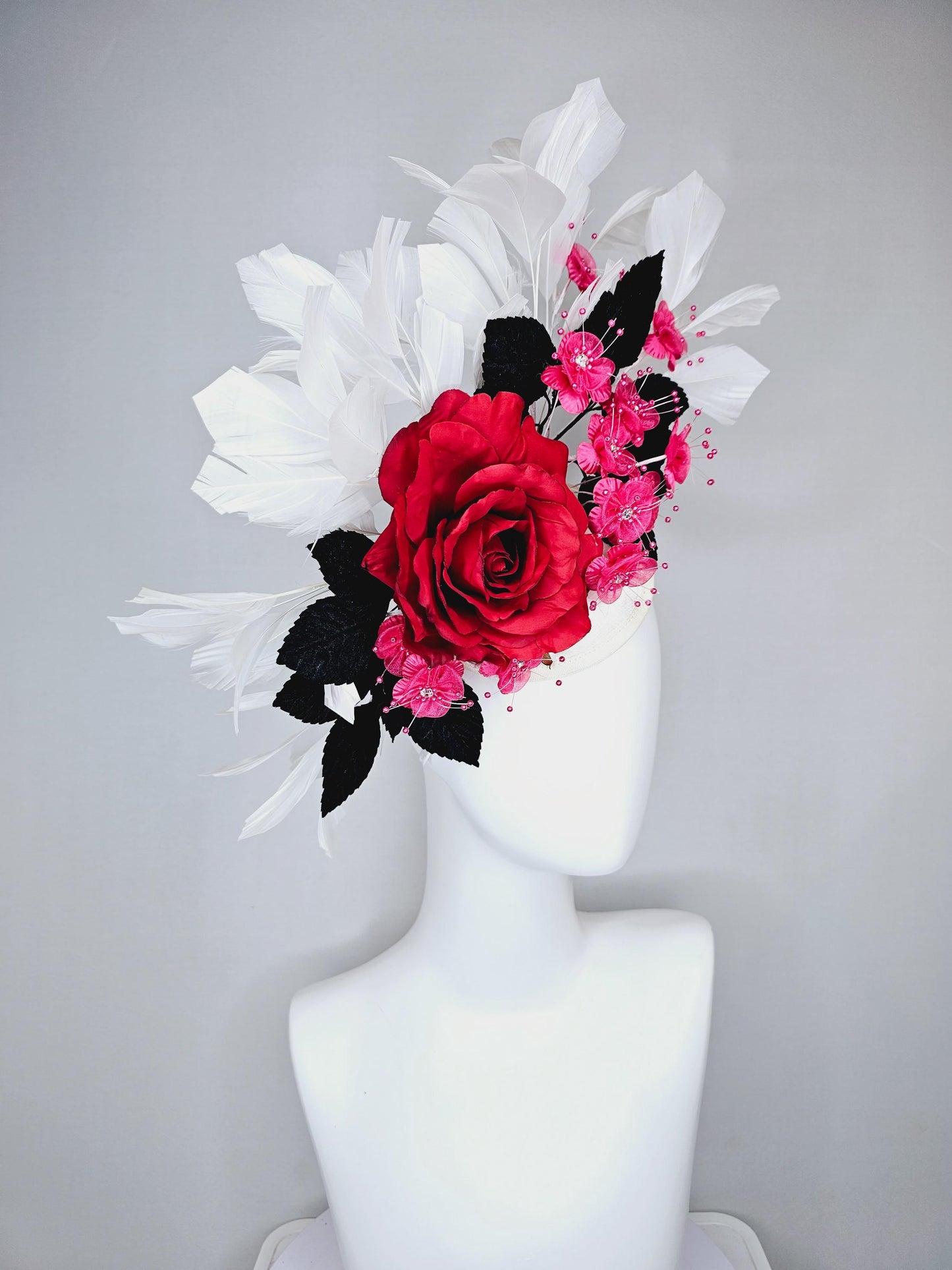kentucky derby hat fascinator red satin silk rose flower,small pink satin flowers with black leaves and white feathers, thin headband