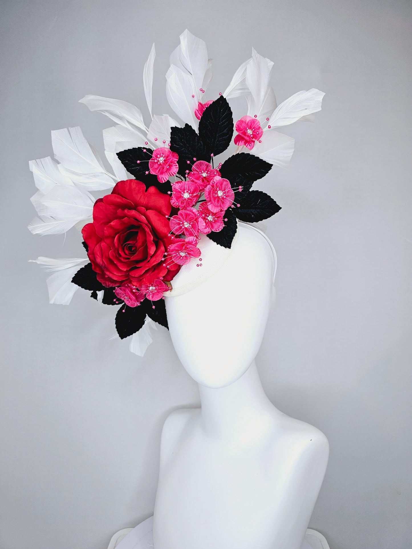 kentucky derby hat fascinator red satin silk rose flower,small pink satin flowers with black leaves and white feathers, thin headband