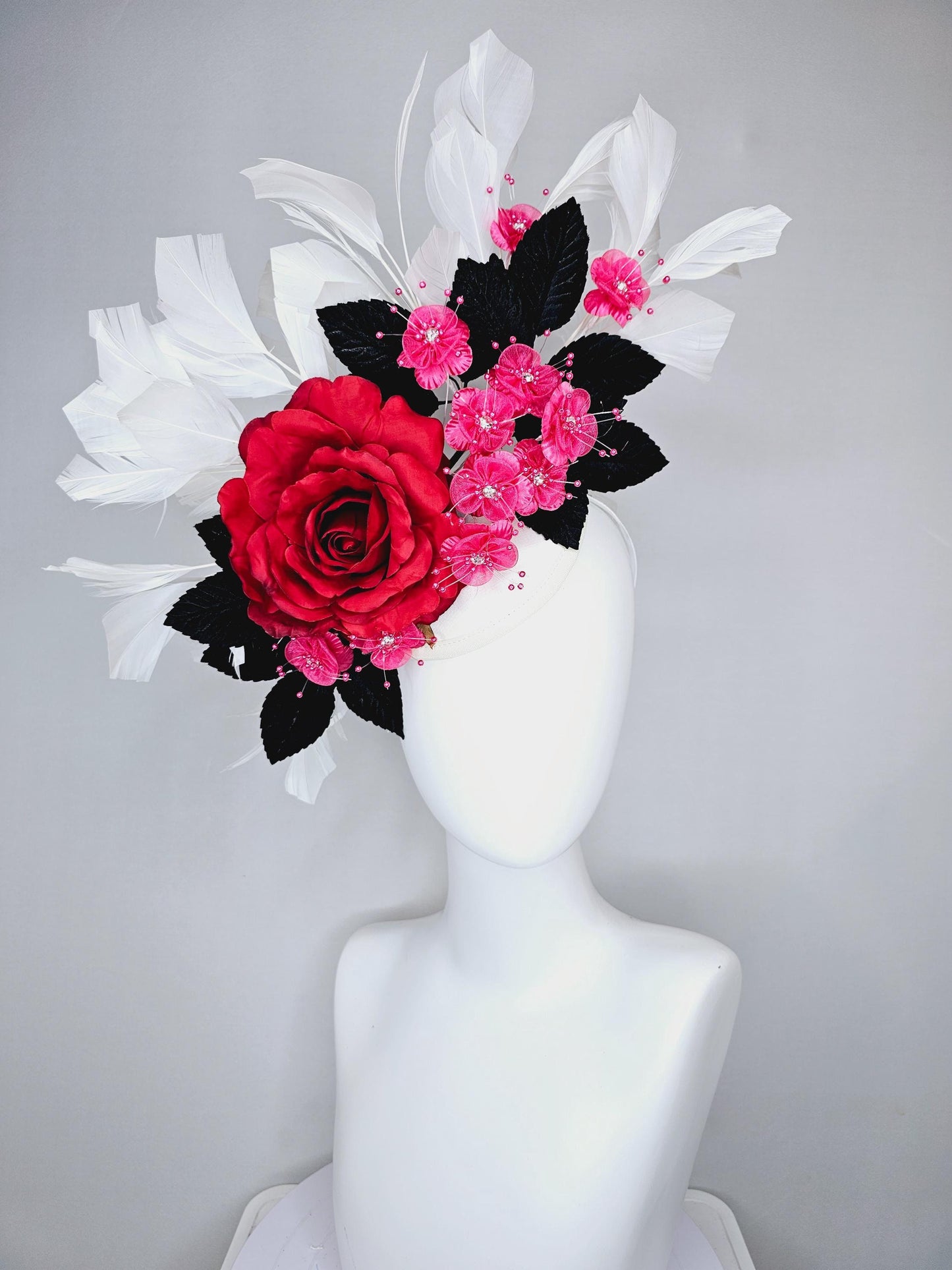kentucky derby hat fascinator red satin silk rose flower,small pink satin flowers with black leaves and white feathers, thin headband