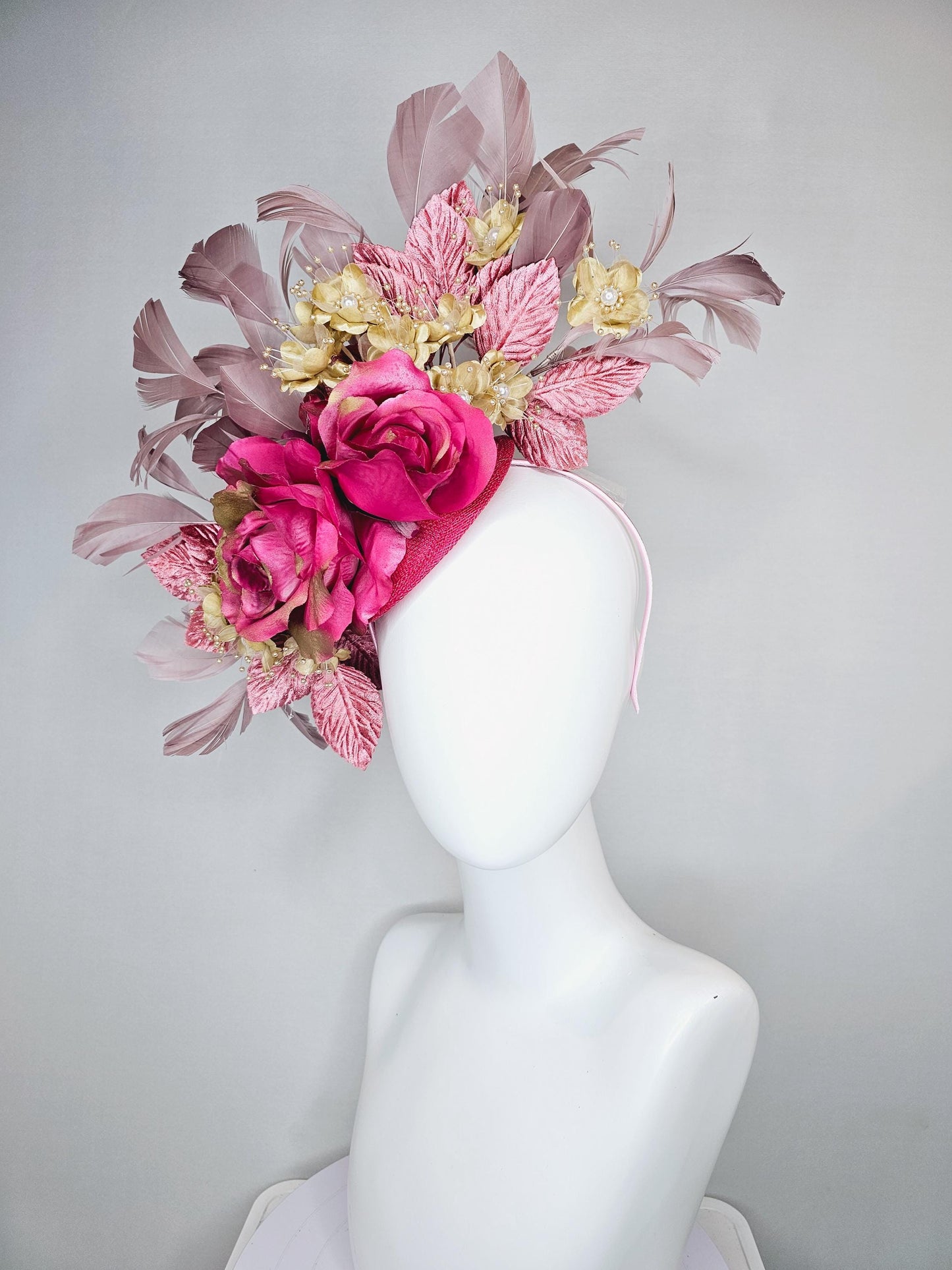 kentucky derby hat fascinator pink sinamay,pink gold silk rose flowers,small gold flowers with gold pearls,dusty pink leaves,taupe feathers