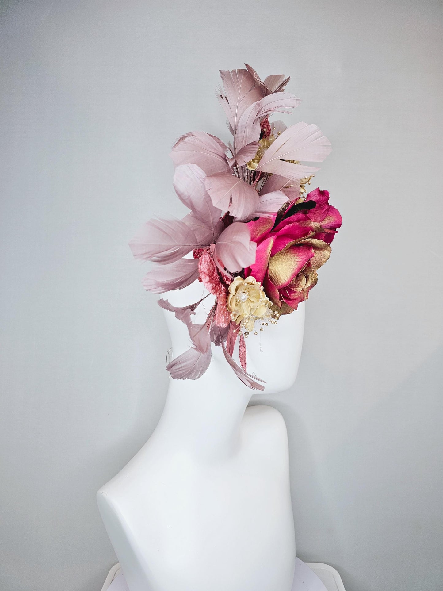 kentucky derby hat fascinator pink sinamay,pink gold silk rose flowers,small gold flowers with gold pearls,dusty pink leaves,taupe feathers