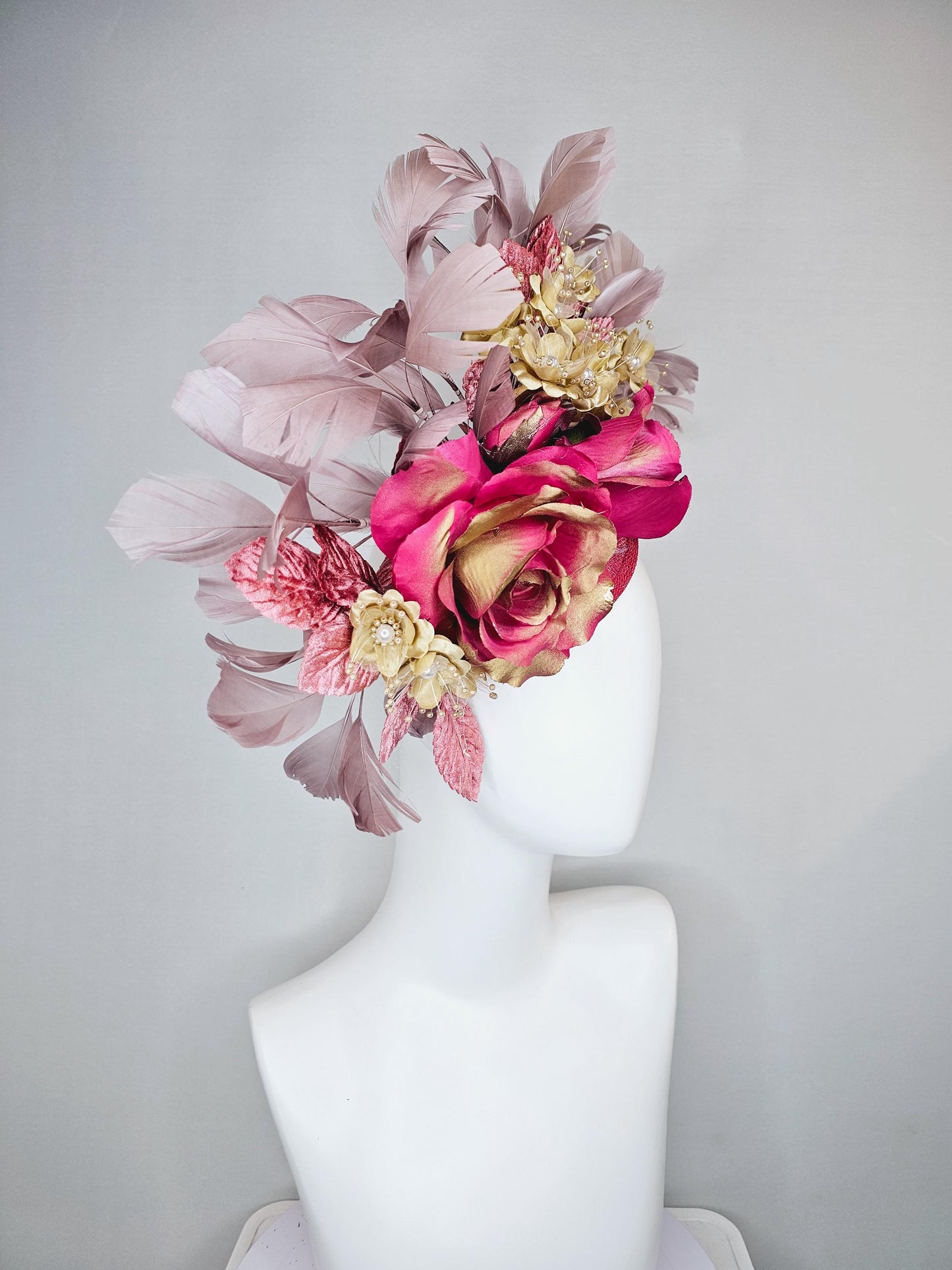 kentucky derby hat fascinator pink sinamay,pink gold silk rose flowers,small gold flowers with gold pearls,dusty pink leaves,taupe feathers