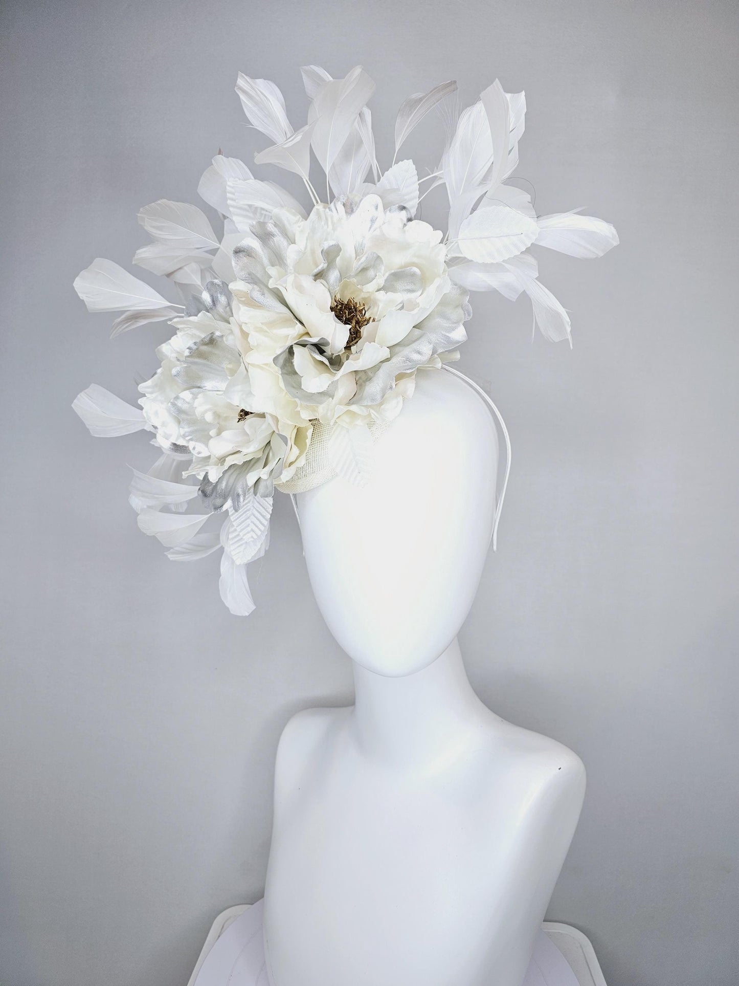 kentucky derby hat fascinator ivory cream sinamay ivory cream silver satin silk flowers white leaves white feathers thin headband
