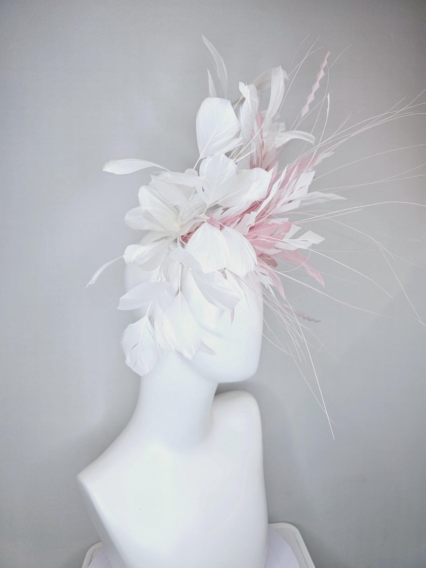 kentucky derby hat fascinator blush baby pink zigzag feather flower with white ivory branching feathers, thin headband