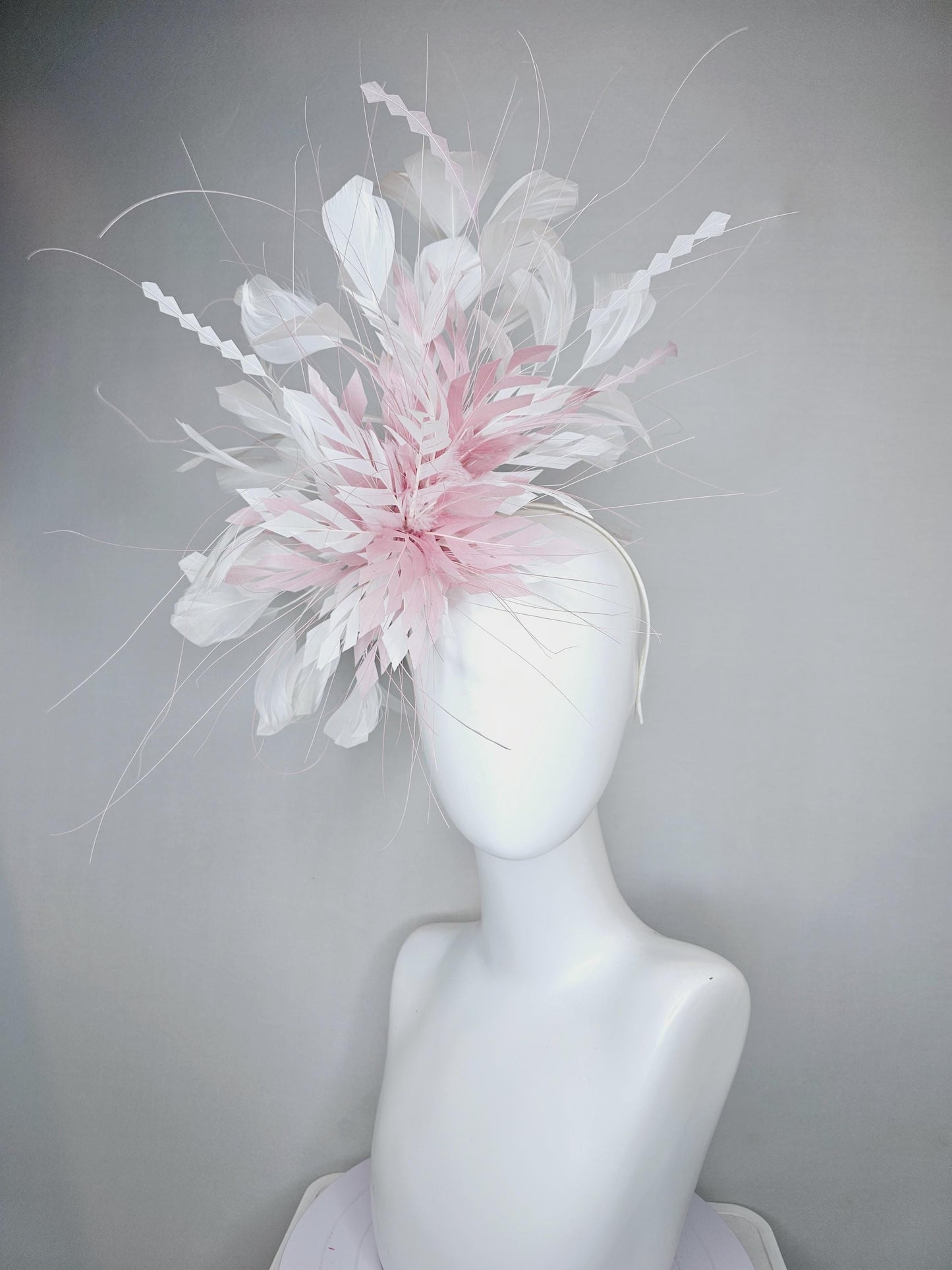 kentucky derby hat fascinator blush baby pink zigzag feather flower with white ivory branching feathers, thin headband