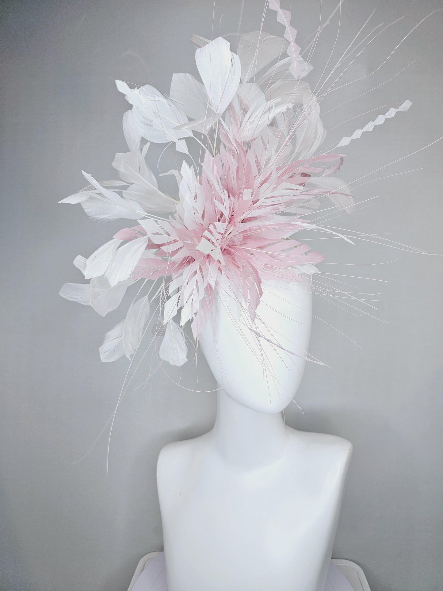 kentucky derby hat fascinator blush baby pink zigzag feather flower with white ivory branching feathers, thin headband