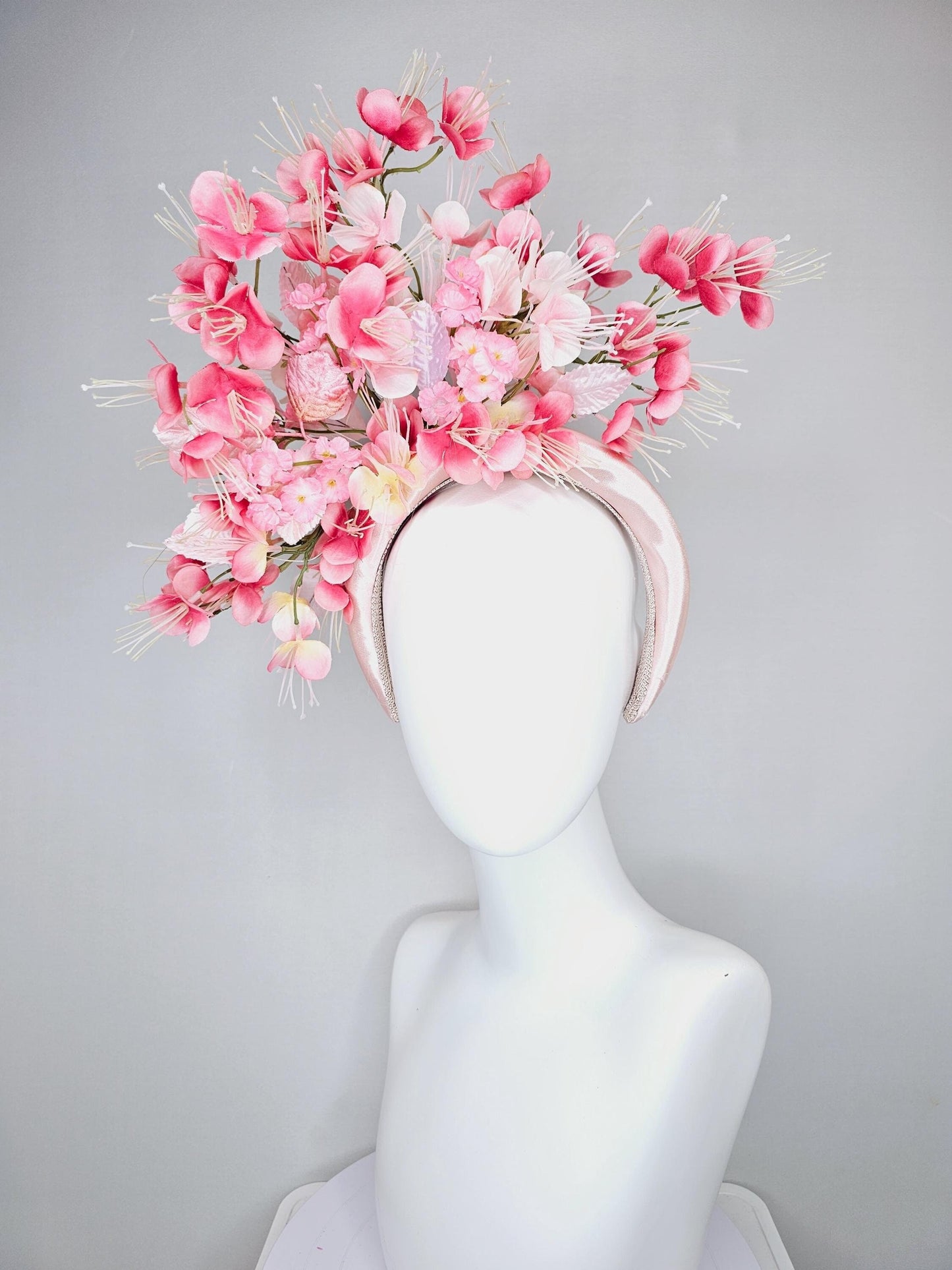 kentucky derby hat fascinator baby pink satin headband, ombre pink light pink crimson red satin cherry blossoms, light baby pink leaves