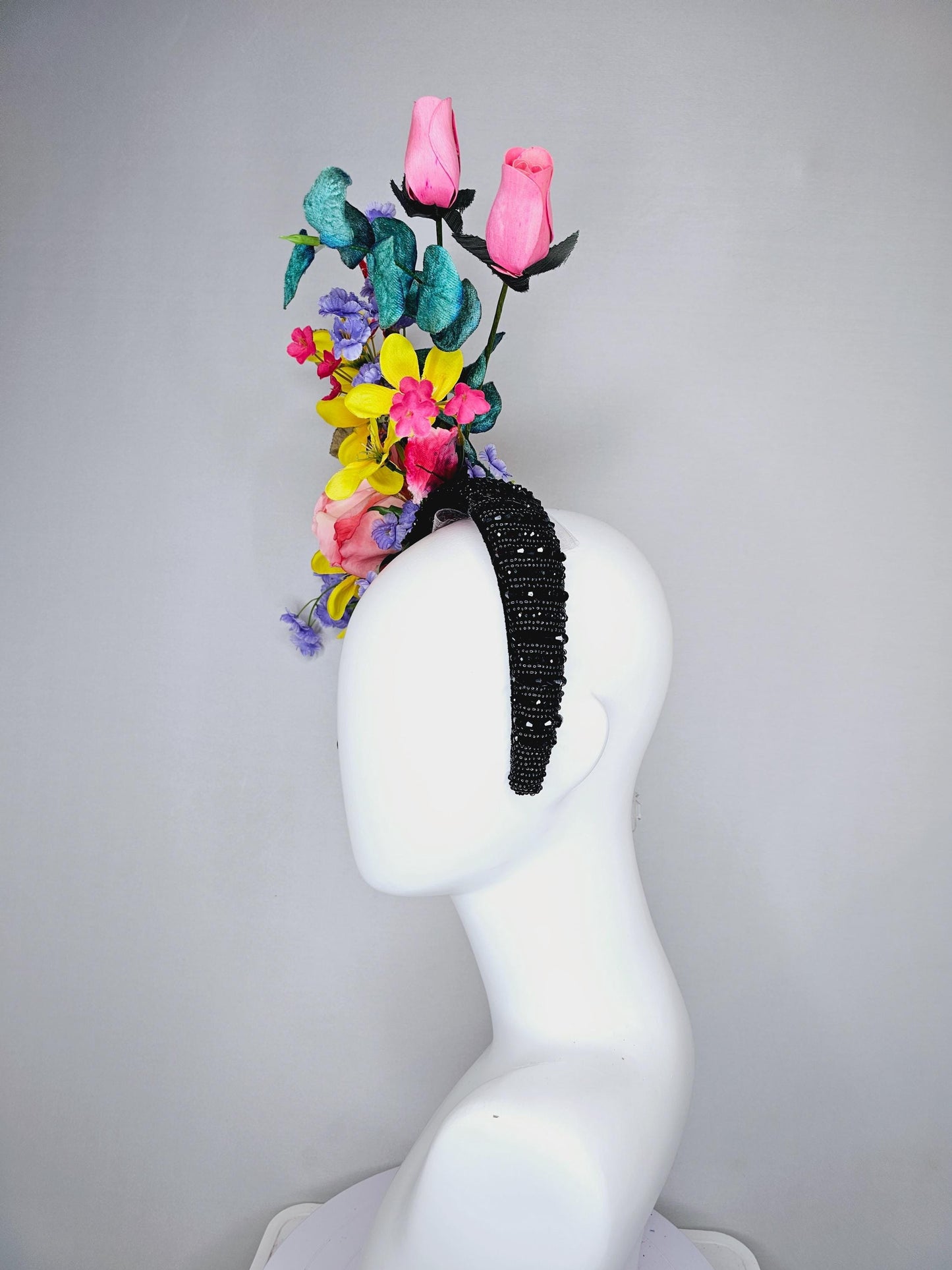 kentucky derby hat fascinator black rhinestone headband,colorful ombre pink rose,yellow pink purple flowers,red gold green teal blue leaves