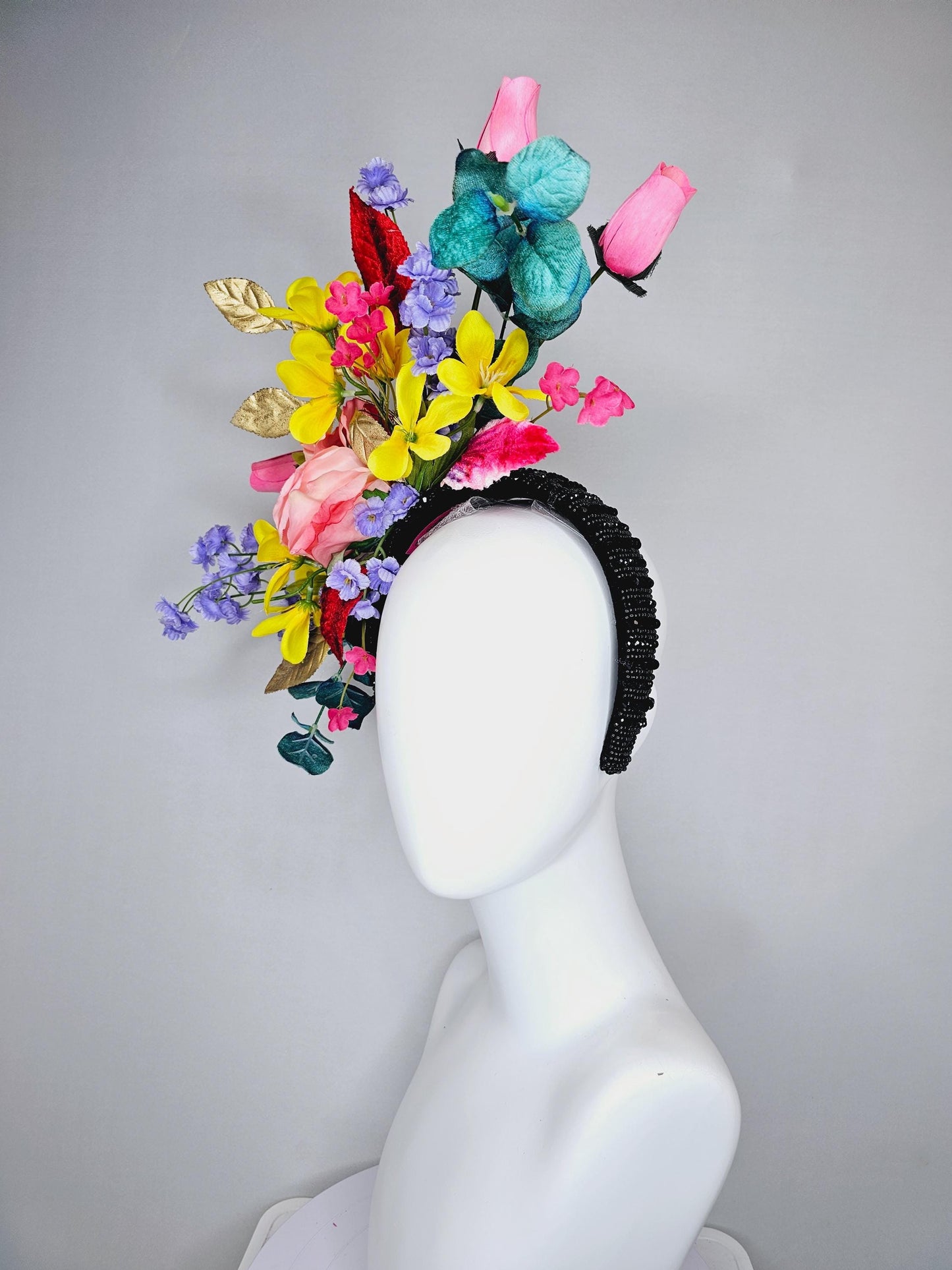 kentucky derby hat fascinator black rhinestone headband,colorful ombre pink rose,yellow pink purple flowers,red gold green teal blue leaves
