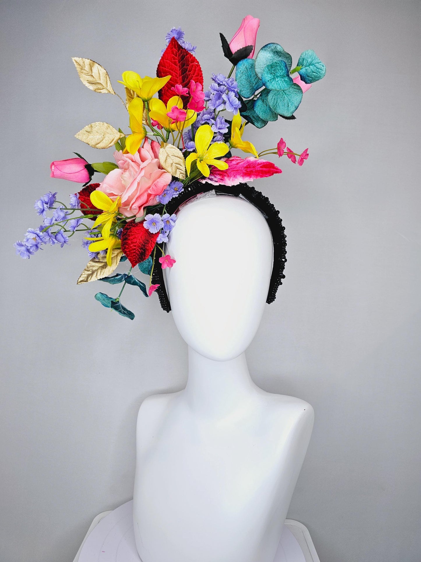 kentucky derby hat fascinator black rhinestone headband,colorful ombre pink rose,yellow pink purple flowers,red gold green teal blue leaves