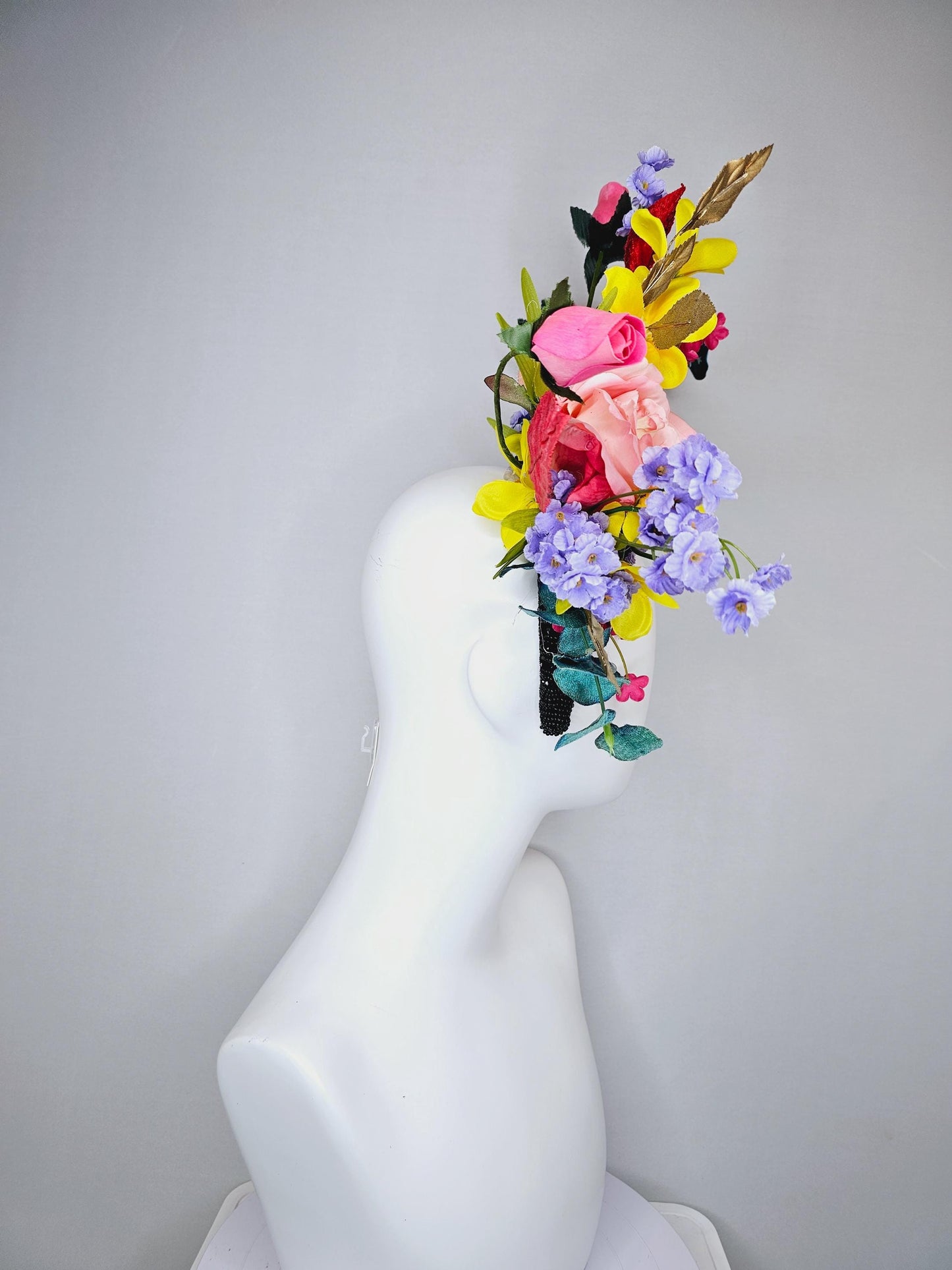 kentucky derby hat fascinator black rhinestone headband,colorful ombre pink rose,yellow pink purple flowers,red gold green teal blue leaves