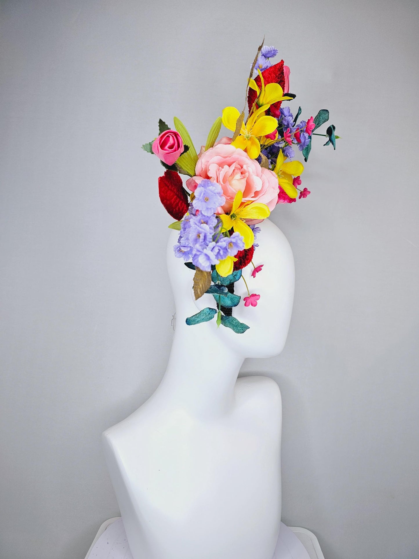 kentucky derby hat fascinator black rhinestone headband,colorful ombre pink rose,yellow pink purple flowers,red gold green teal blue leaves