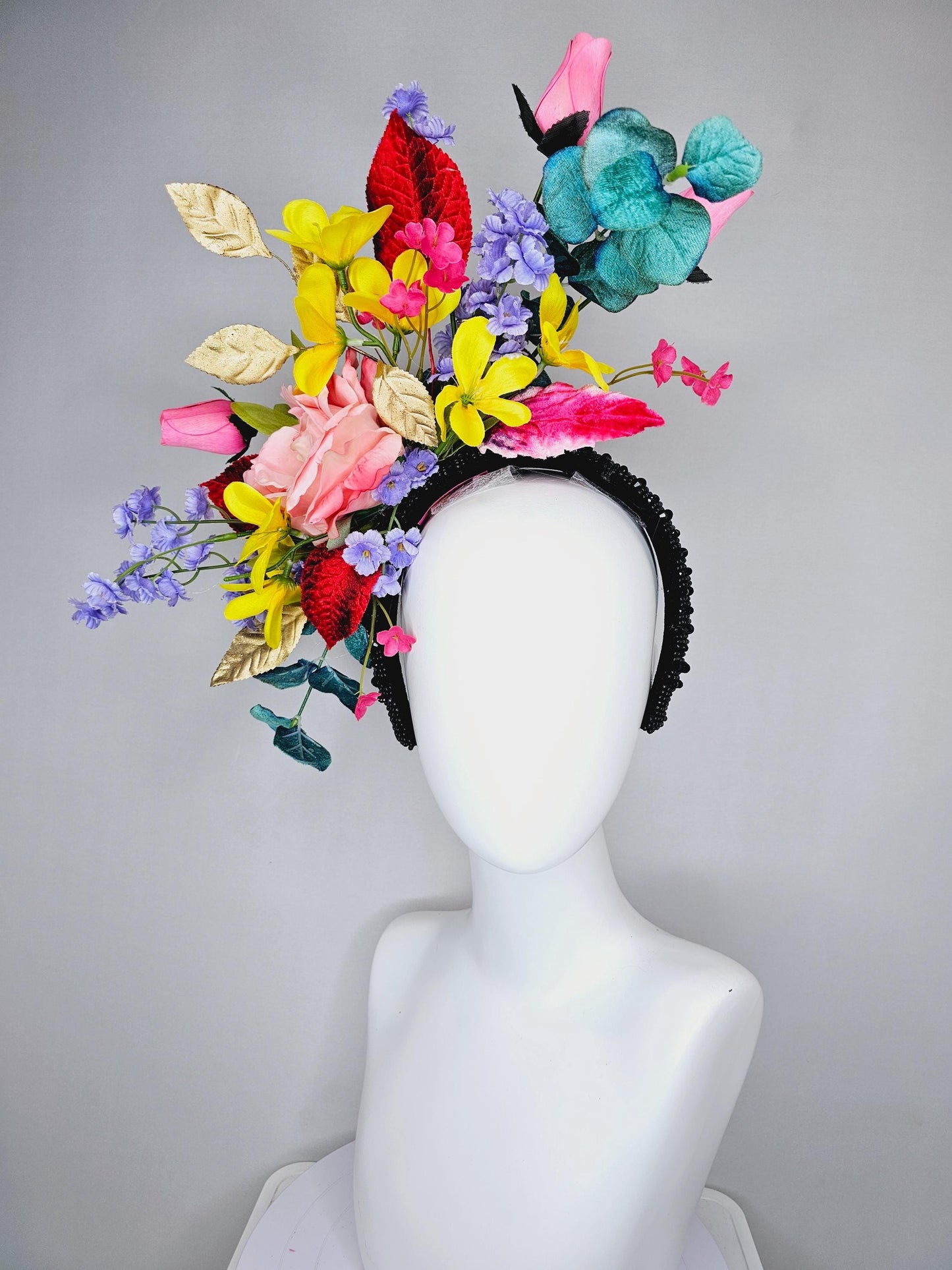 kentucky derby hat fascinator black rhinestone headband,colorful ombre pink rose,yellow pink purple flowers,red gold green teal blue leaves