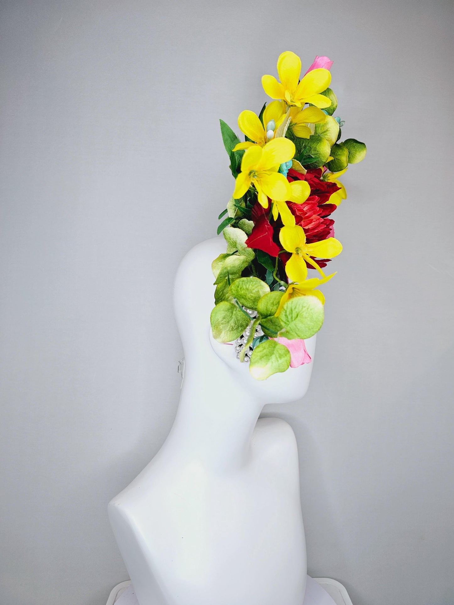 kentucky derby hat fascinator pearl beaded headband,colorful crimson red flower,yellow pink teal blue flowers,red pink white green leaves