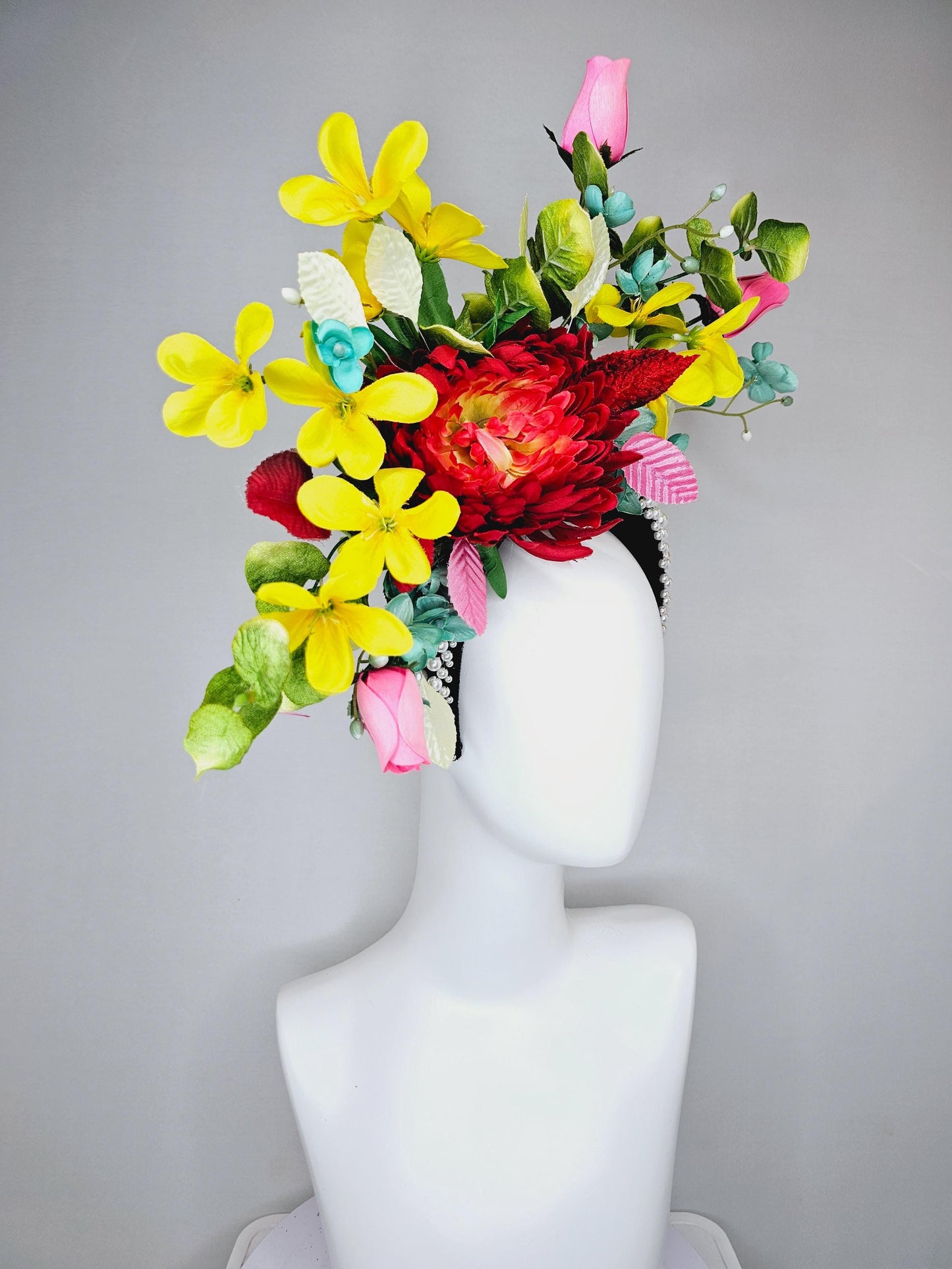 kentucky derby hat fascinator pearl beaded headband,colorful crimson red flower,yellow pink teal blue flowers,red pink white green leaves