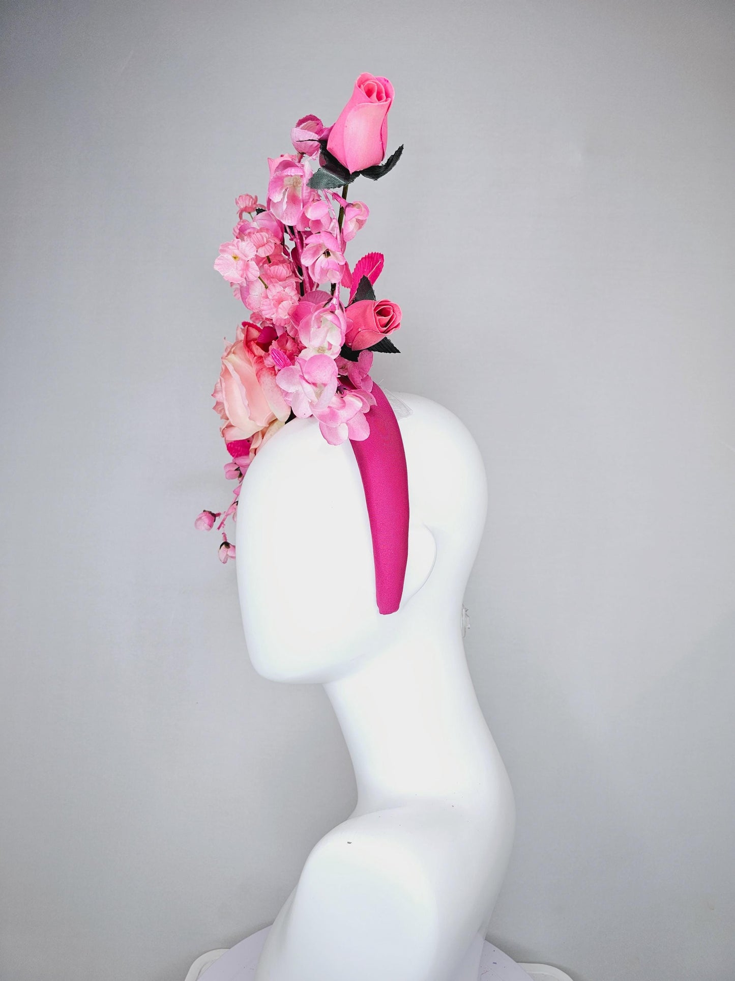 kentucky derby hat fascinator hot pink headband, baby pink satin silk rose flower,blush pink satin silk flowers, blush pink leaves