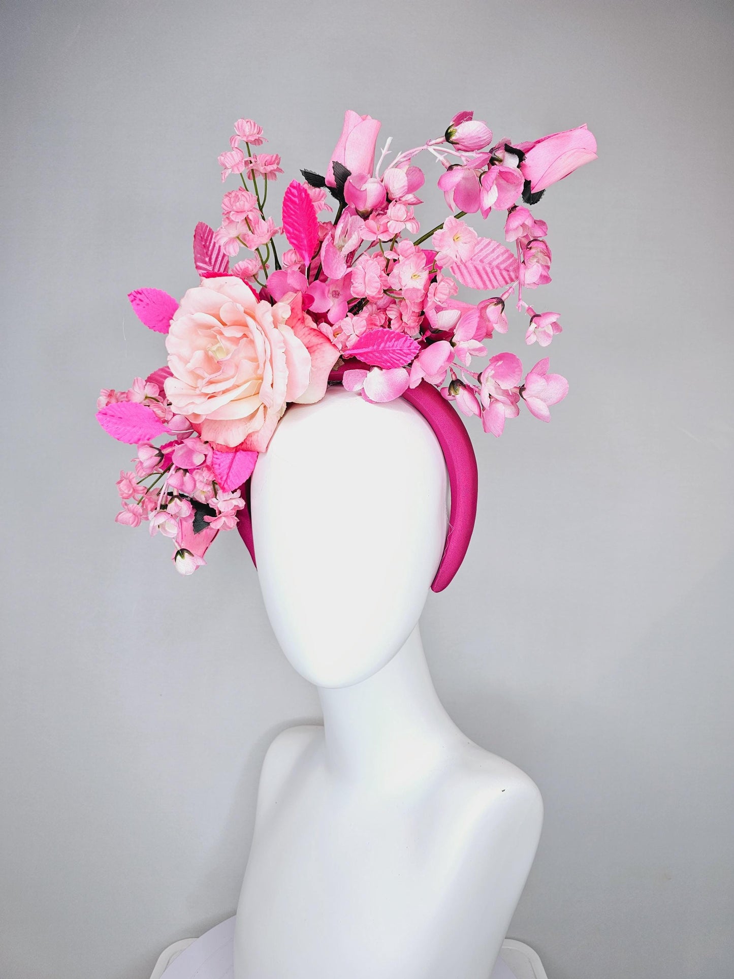 kentucky derby hat fascinator hot pink headband, baby pink satin silk rose flower,blush pink satin silk flowers, blush pink leaves