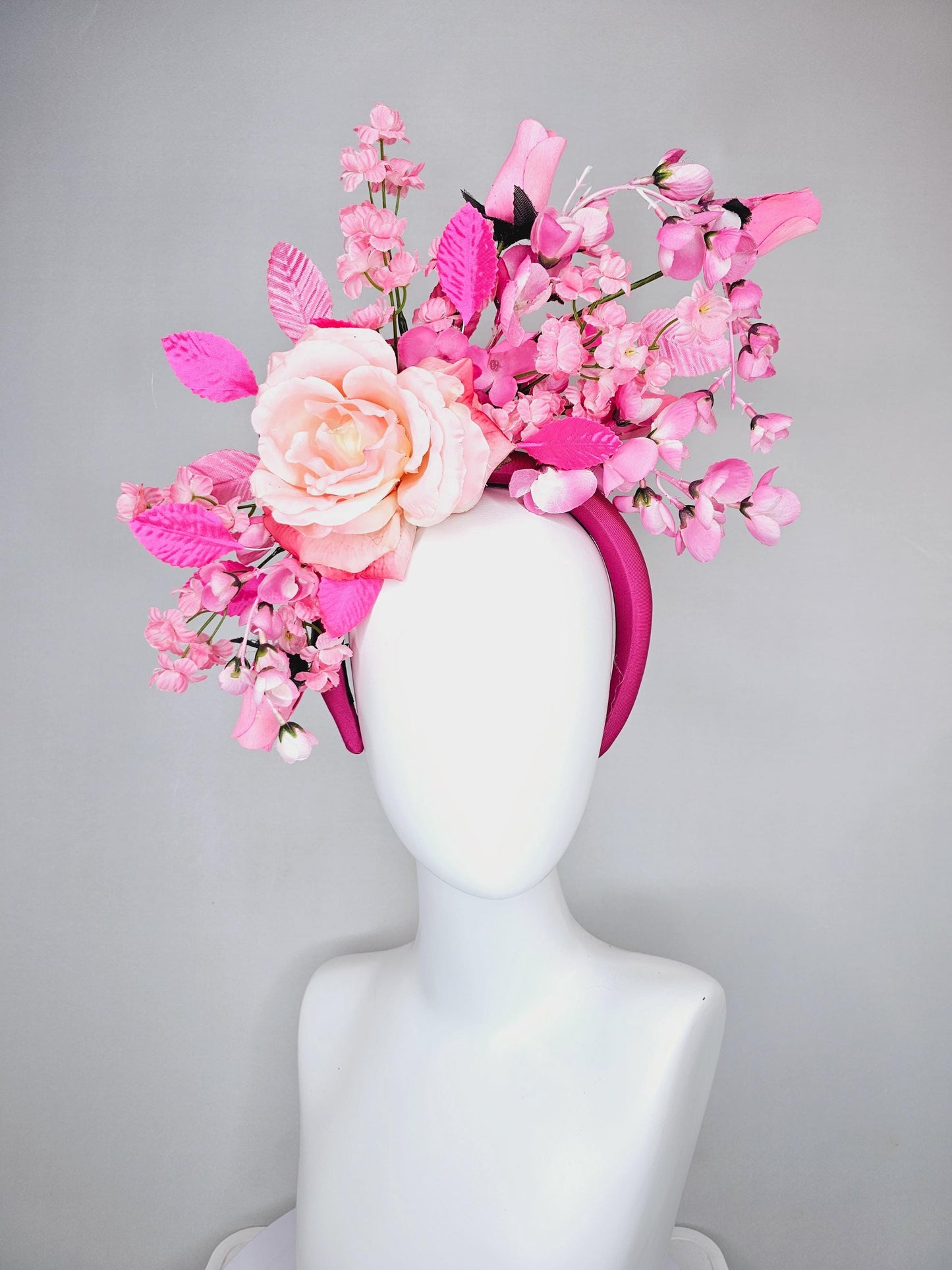 kentucky derby hat fascinator hot pink headband, baby pink satin silk rose flower,blush pink satin silk flowers, blush pink leaves