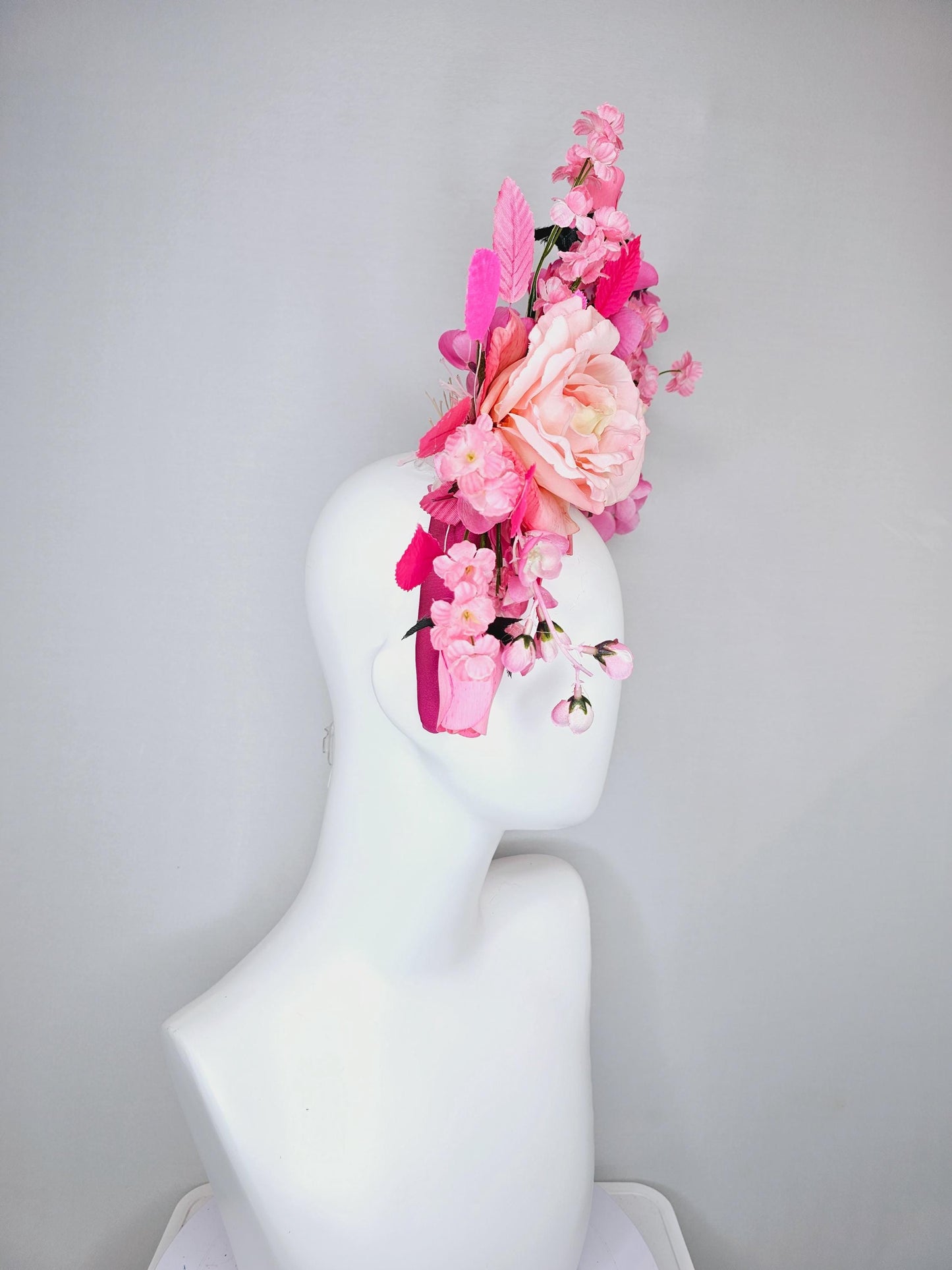 kentucky derby hat fascinator hot pink headband, baby pink satin silk rose flower,blush pink satin silk flowers, blush pink leaves