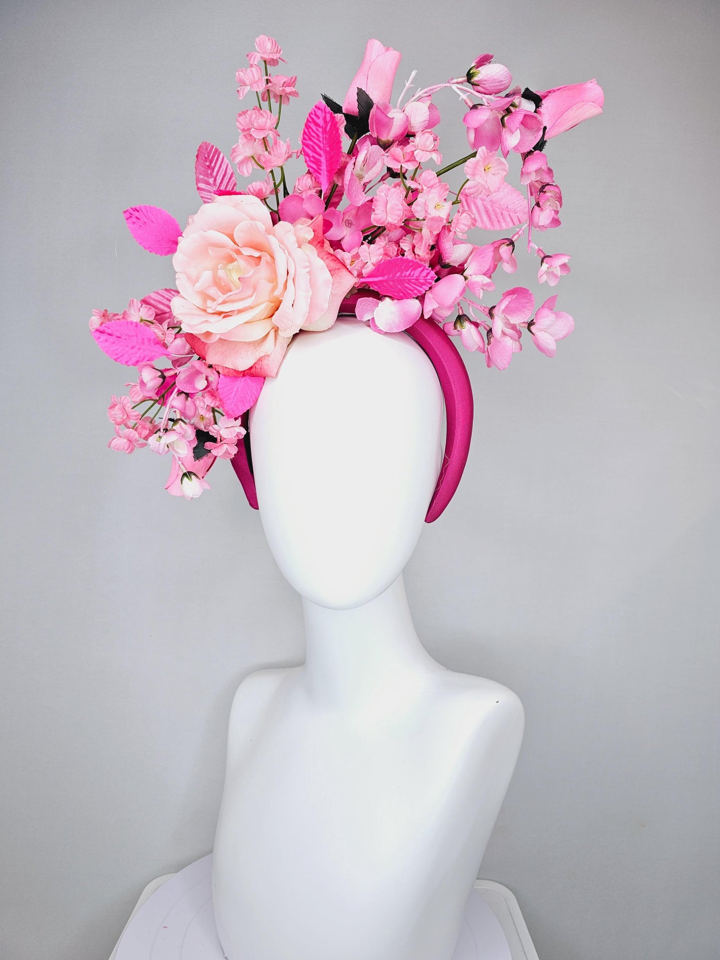 kentucky derby hat fascinator hot pink headband, baby pink satin silk rose flower,blush pink satin silk flowers, blush pink leaves