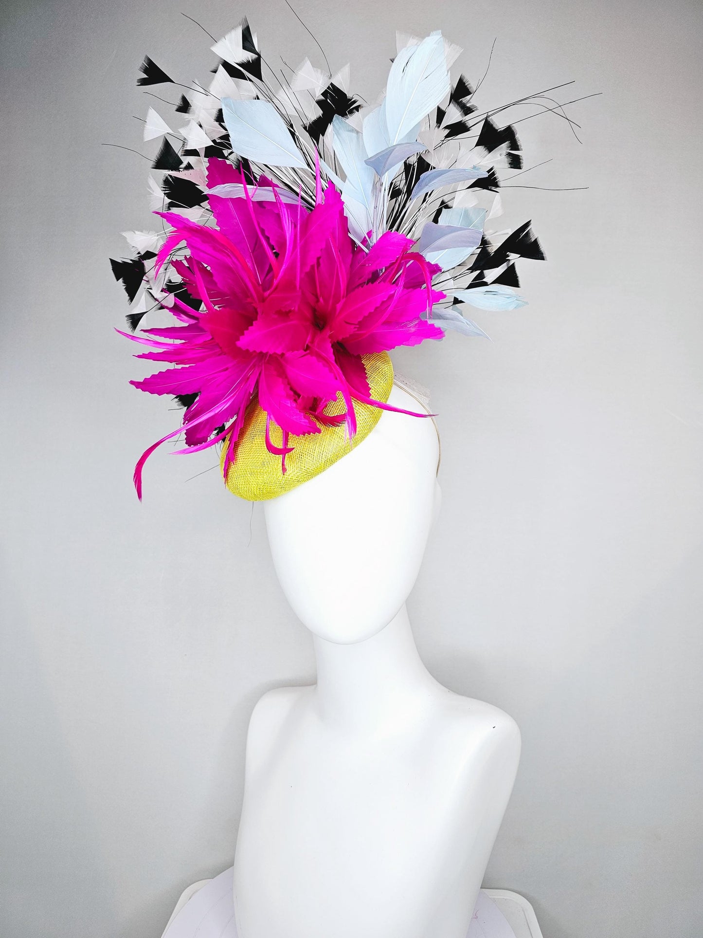 kentucky derby hat fascinator yellow sinamay with large fluffy fuchsia pink light blue feather flowers, black and white branching feathers
