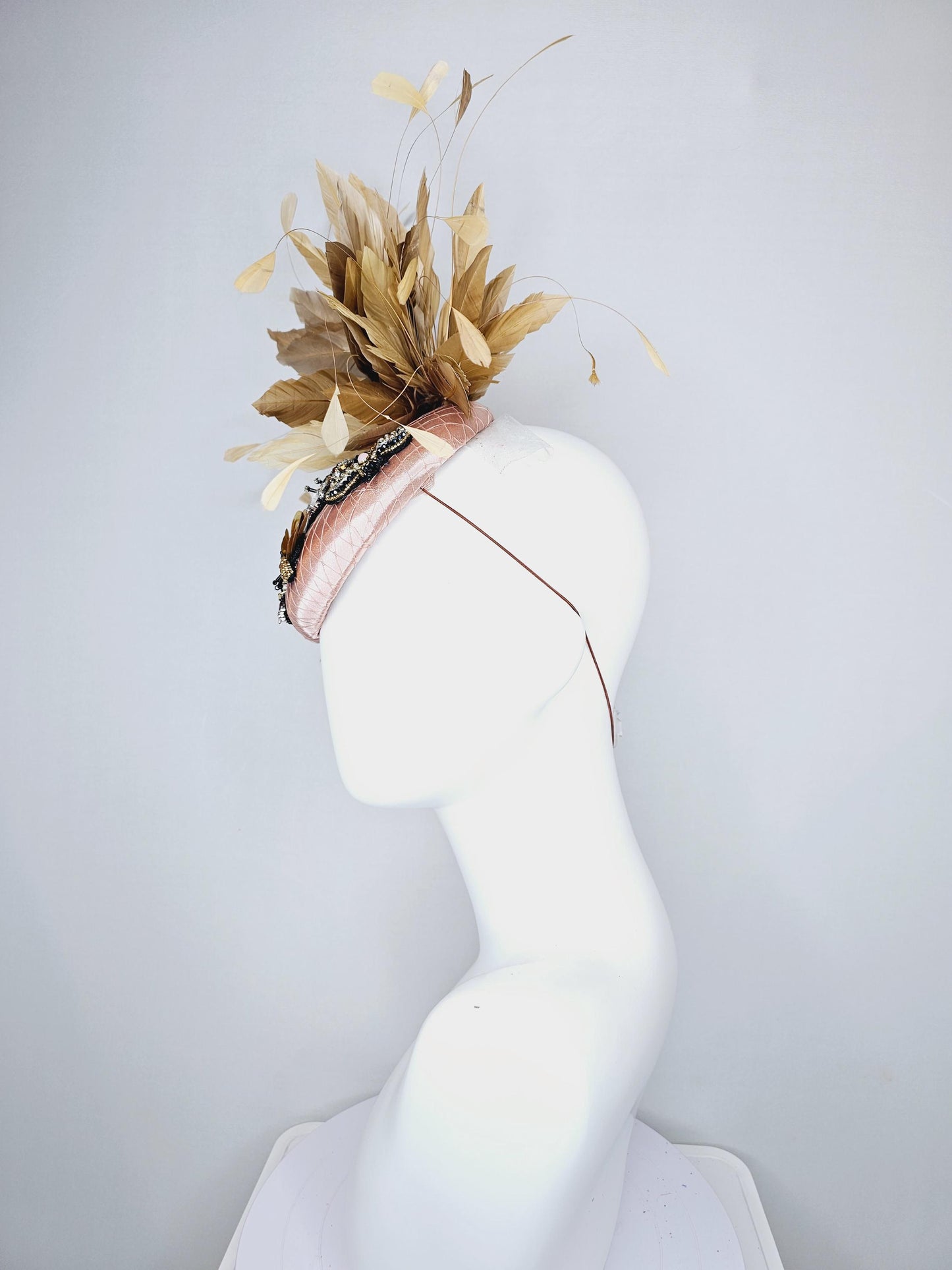 kentucky derby hat fascinator champagne satin with netting and black gold silver crystal rhinestone beaded bees,brown tan gold feathers