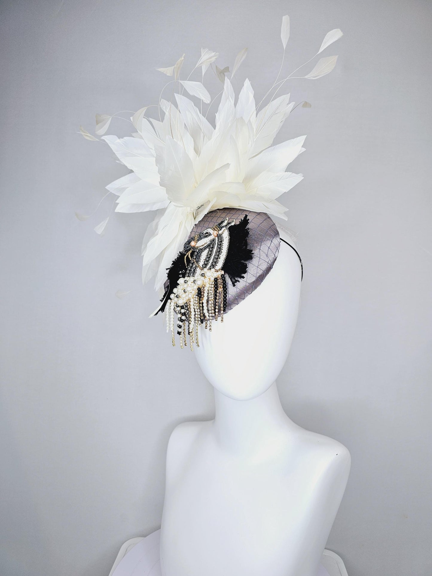kentucky derby hat fascinator gray satin with netting and black gold silver pearl crystal rhinestone beaded horse,white branching feathers