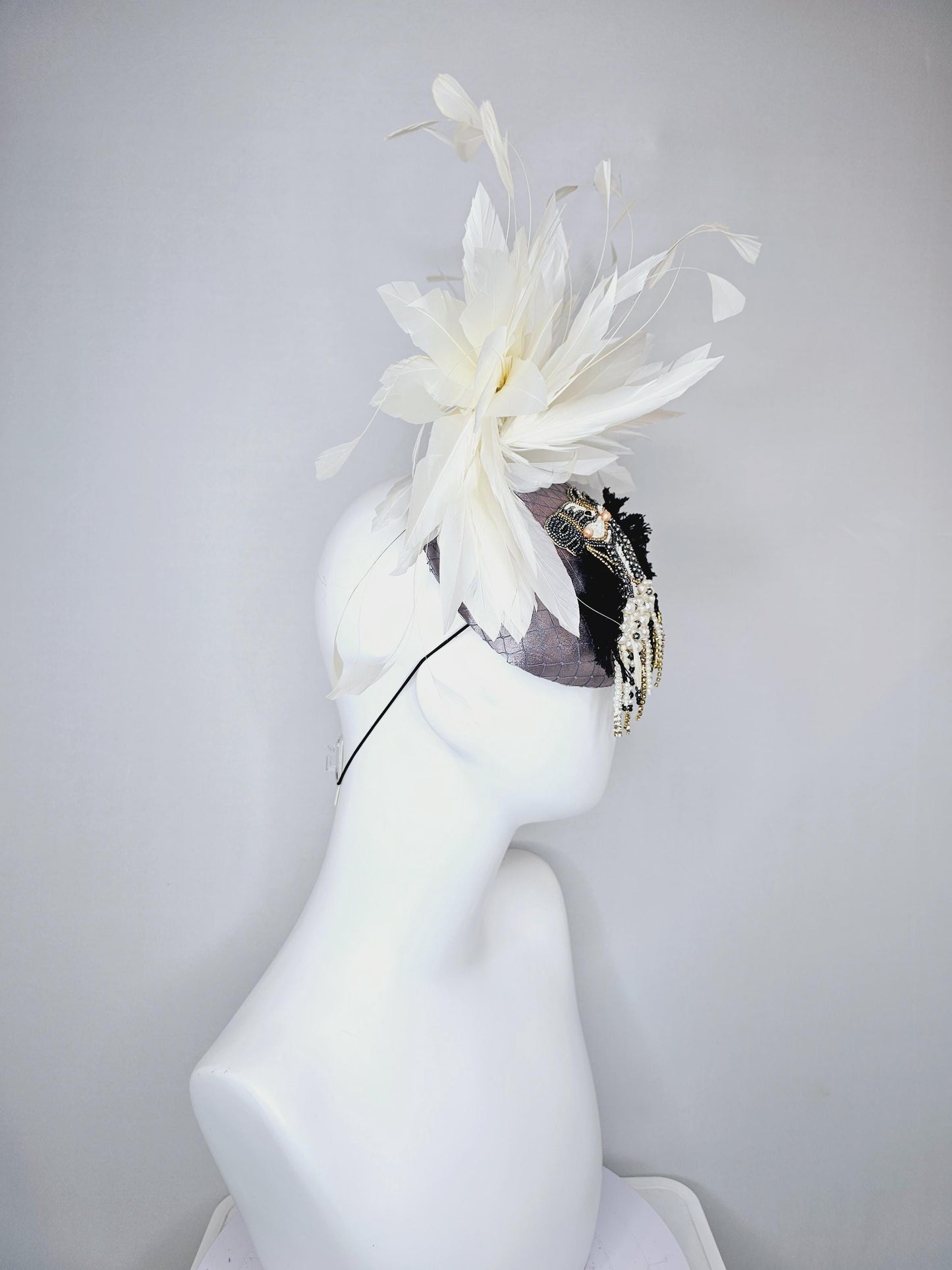 kentucky derby hat fascinator gray satin with netting and black gold silver pearl crystal rhinestone beaded horse,white branching feathers