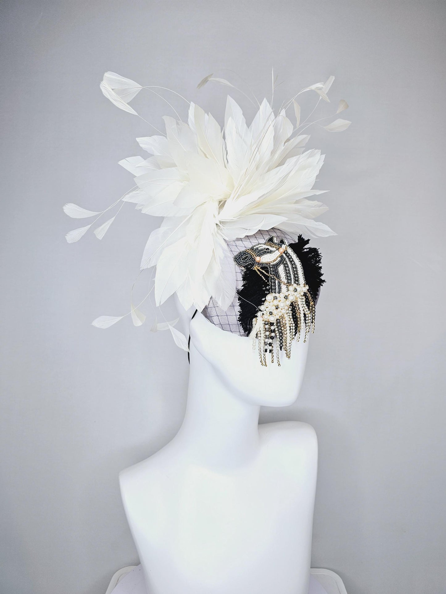 kentucky derby hat fascinator gray satin with netting and black gold silver pearl crystal rhinestone beaded horse,white branching feathers