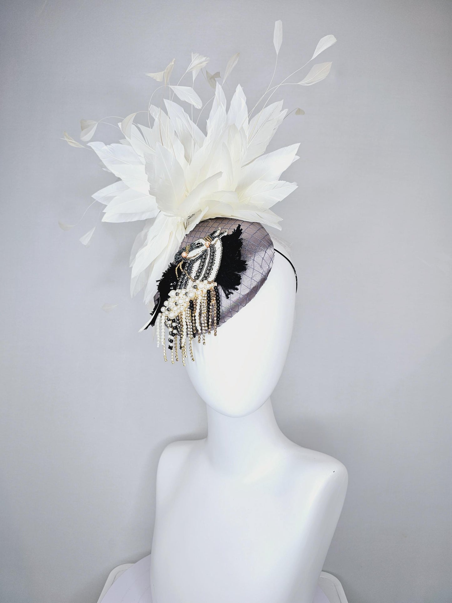 kentucky derby hat fascinator gray satin with netting and black gold silver pearl crystal rhinestone beaded horse,white branching feathers