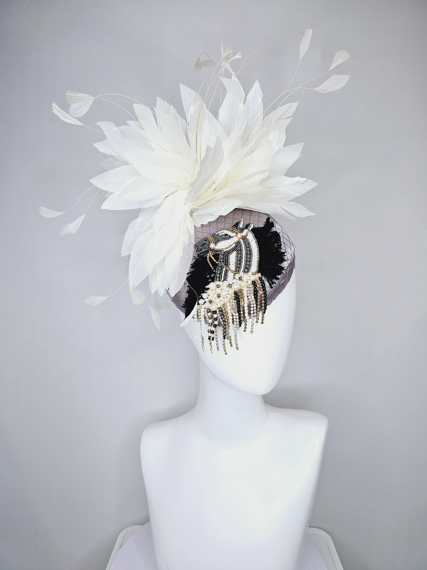 kentucky derby hat fascinator gray satin with netting and black gold silver pearl crystal rhinestone beaded horse,white branching feathers