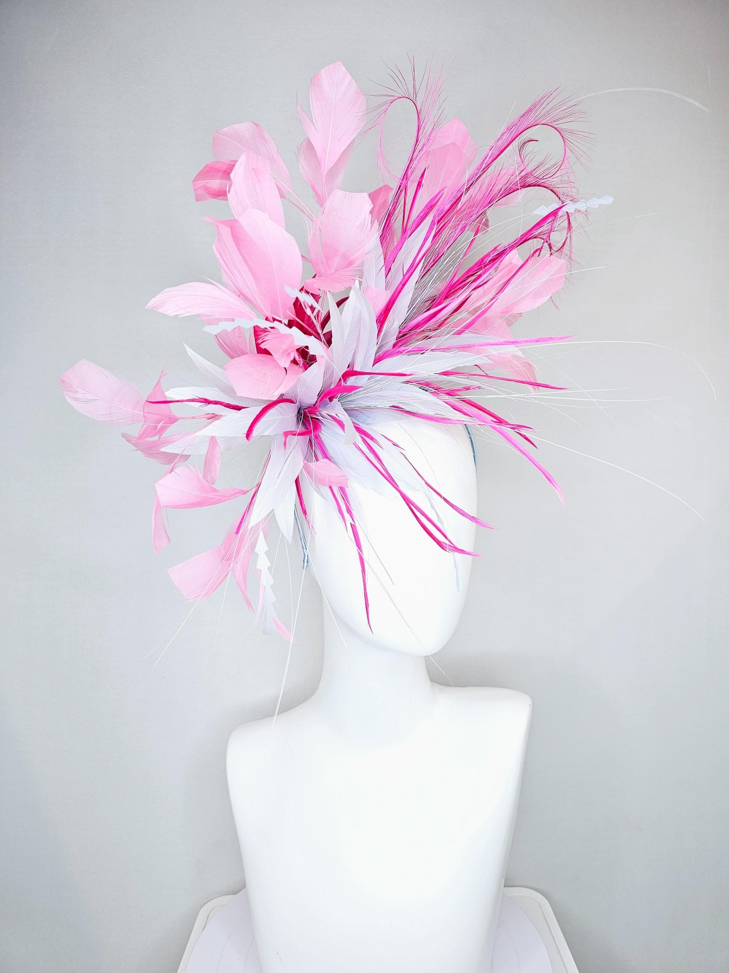 kentucky derby hat fascinator light purple lavender and pink feather flower, light purple lavender zigzag feathers, blush pink feathers
