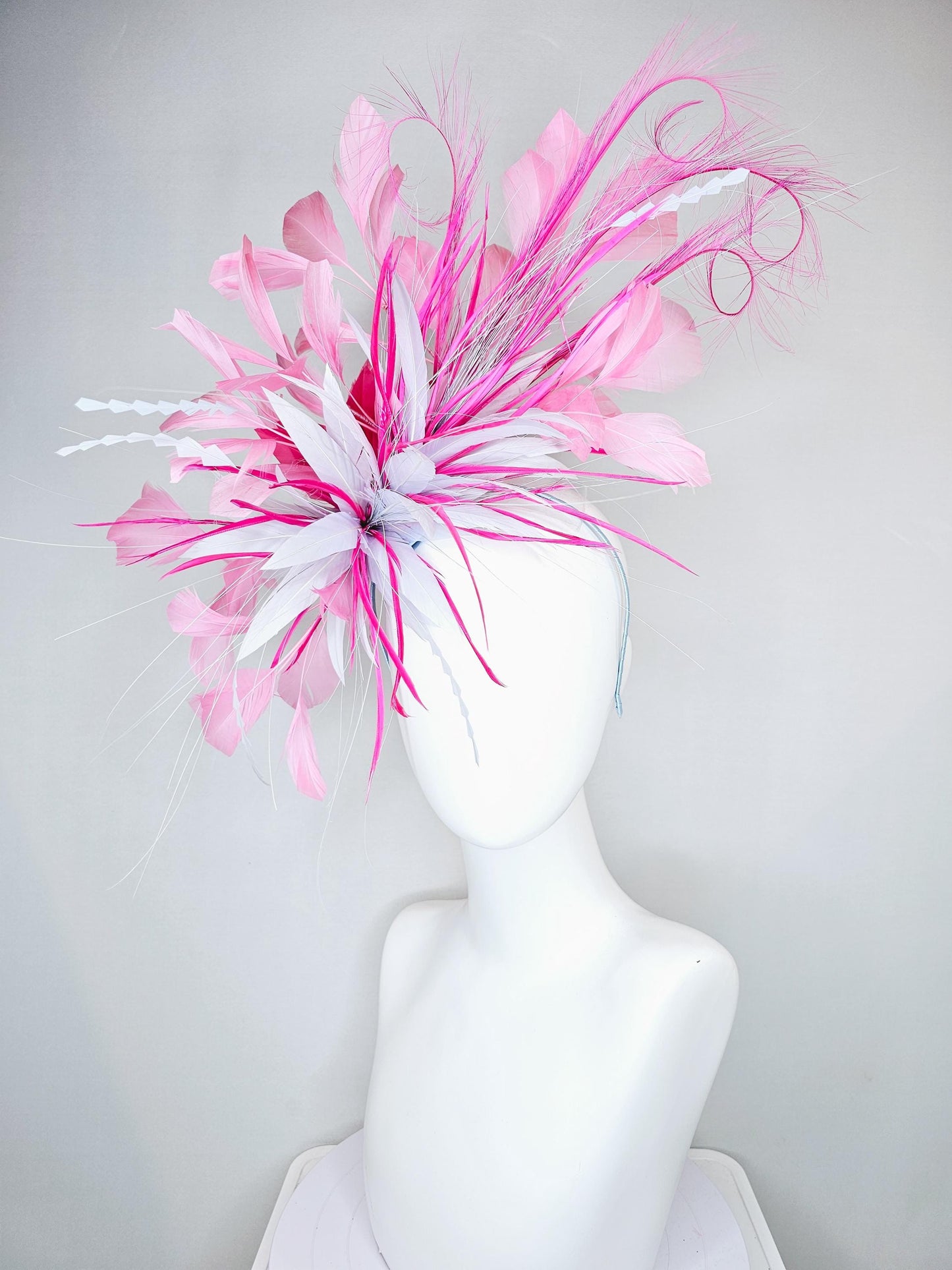 kentucky derby hat fascinator light purple lavender and pink feather flower, light purple lavender zigzag feathers, blush pink feathers