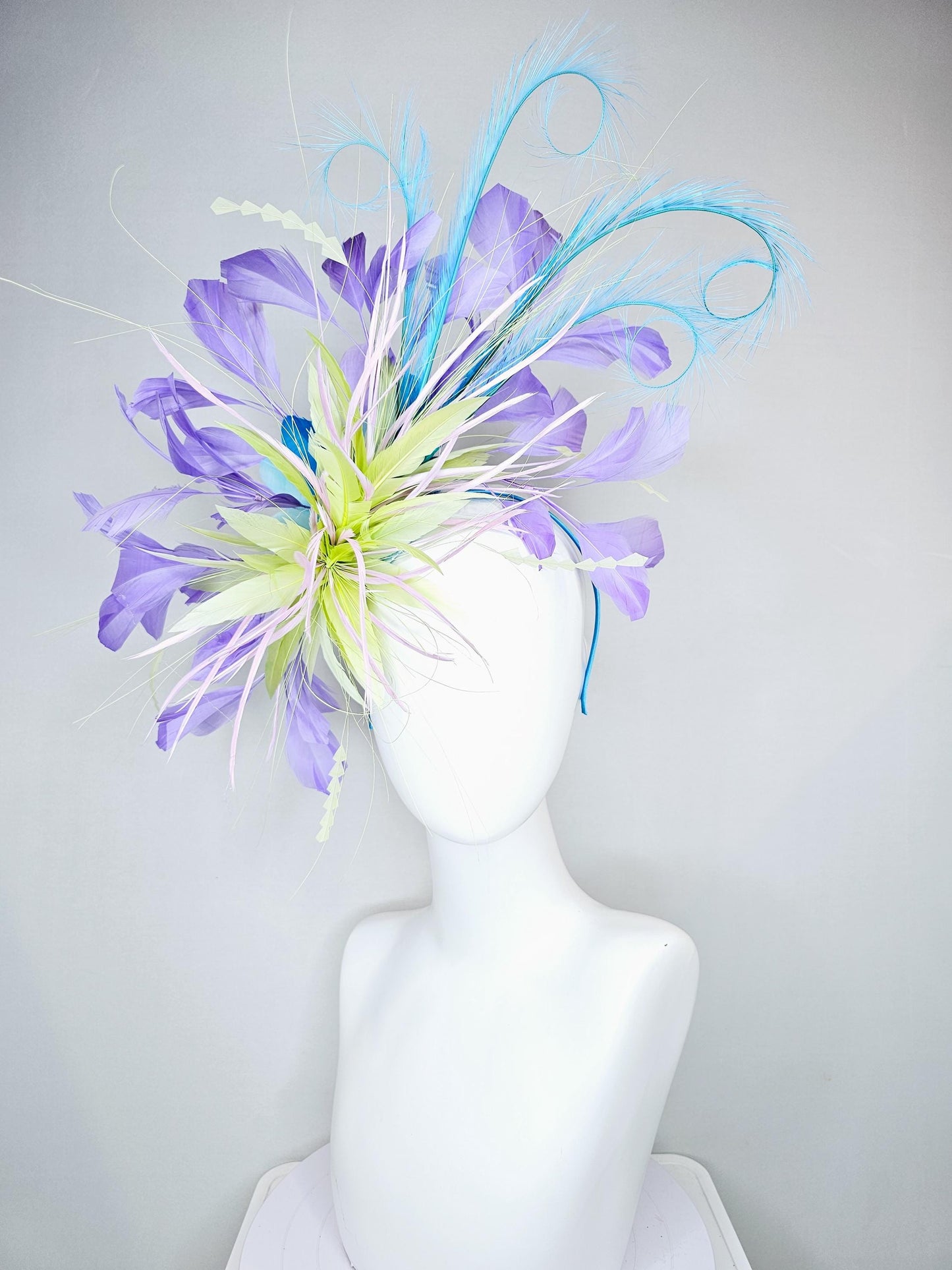 kentucky derby hat fascinator lime green lavender feather flower light lime green zigzag feathers turquoise blue purple lavender feathers